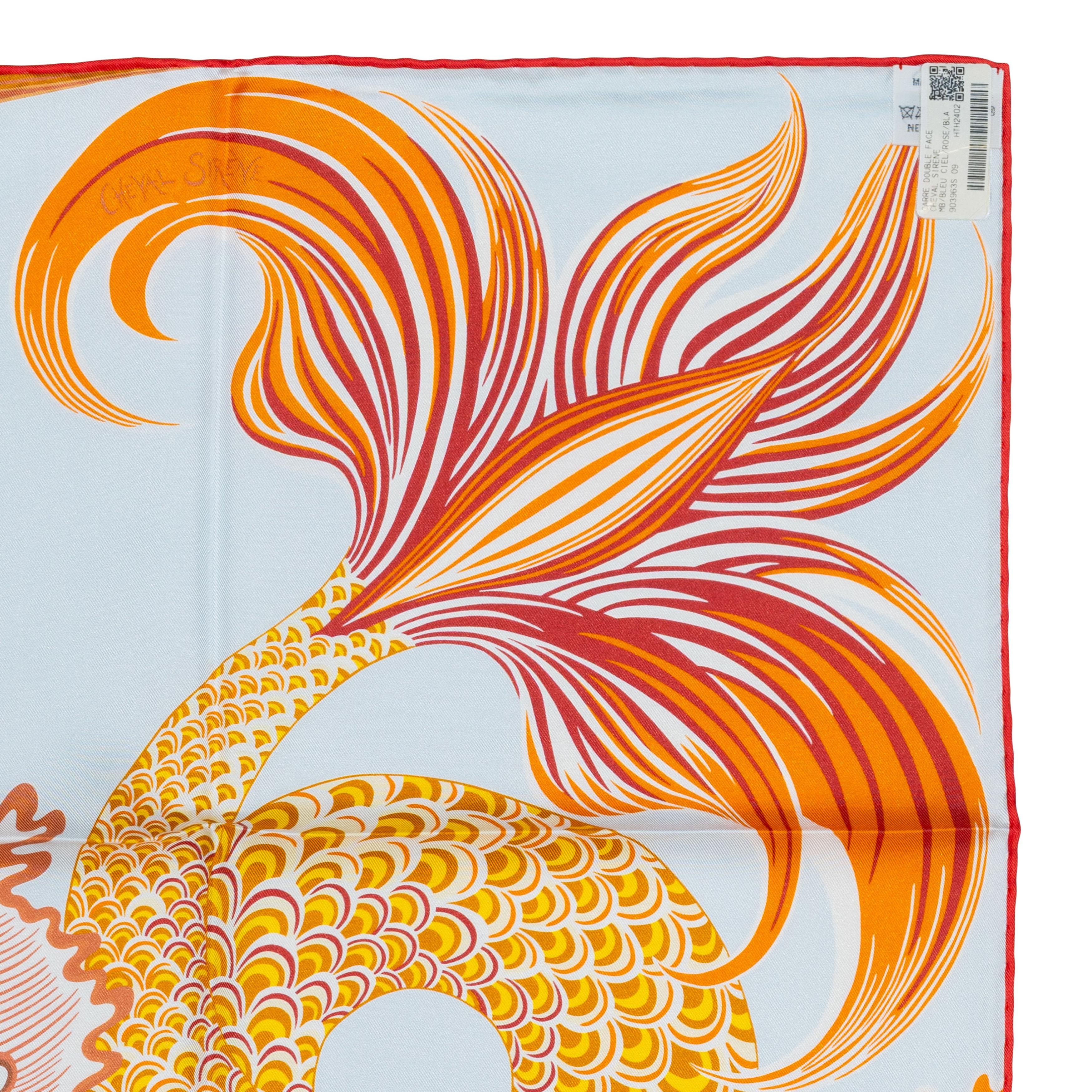Auth. Hermès Foulard Cheval Sirène - Double Face - Bleu Ciel Rose New Store Tag en vente 14