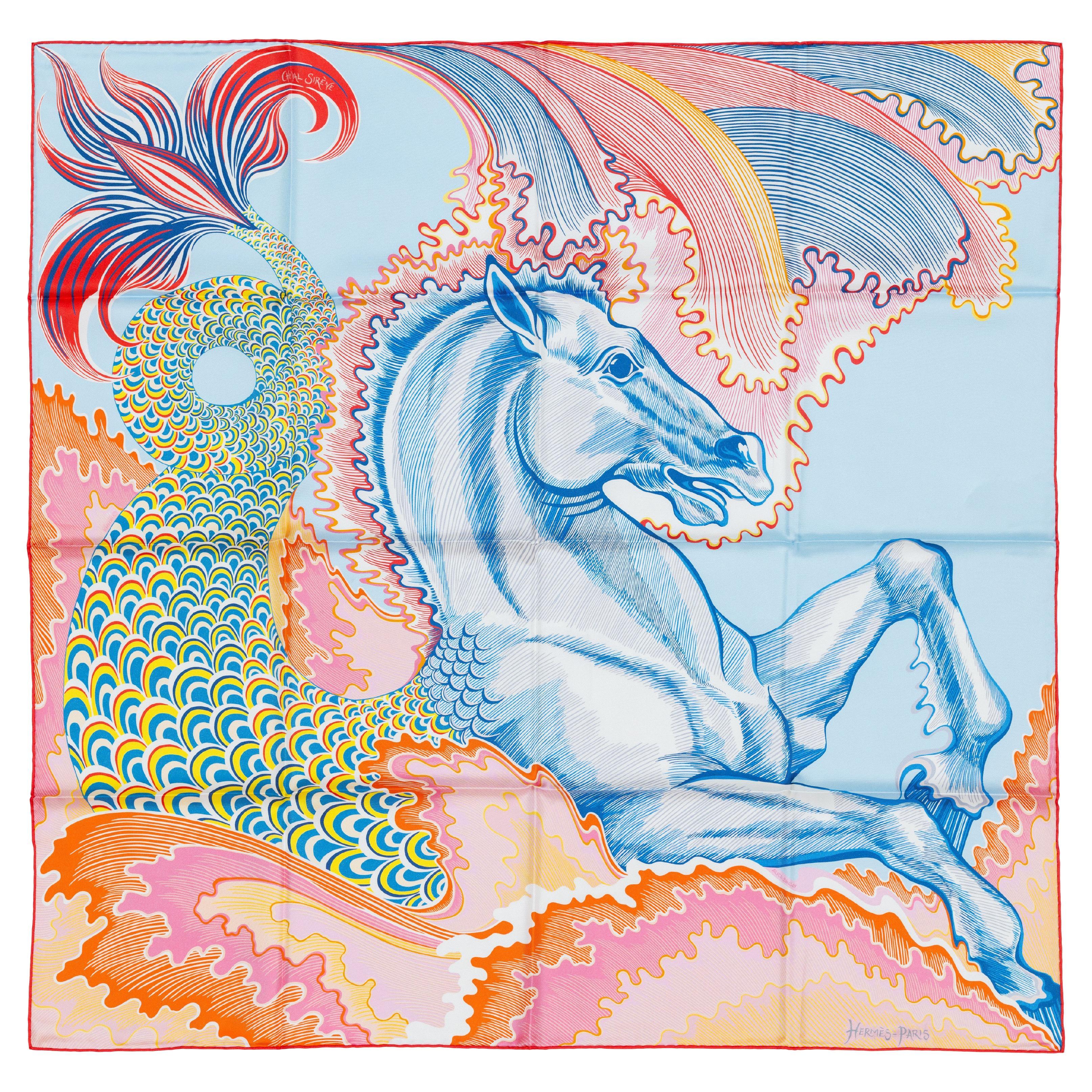 Auth. Hermès Foulard Cheval Sirène - Double Face - Bleu Ciel Rose New Store Tag en vente