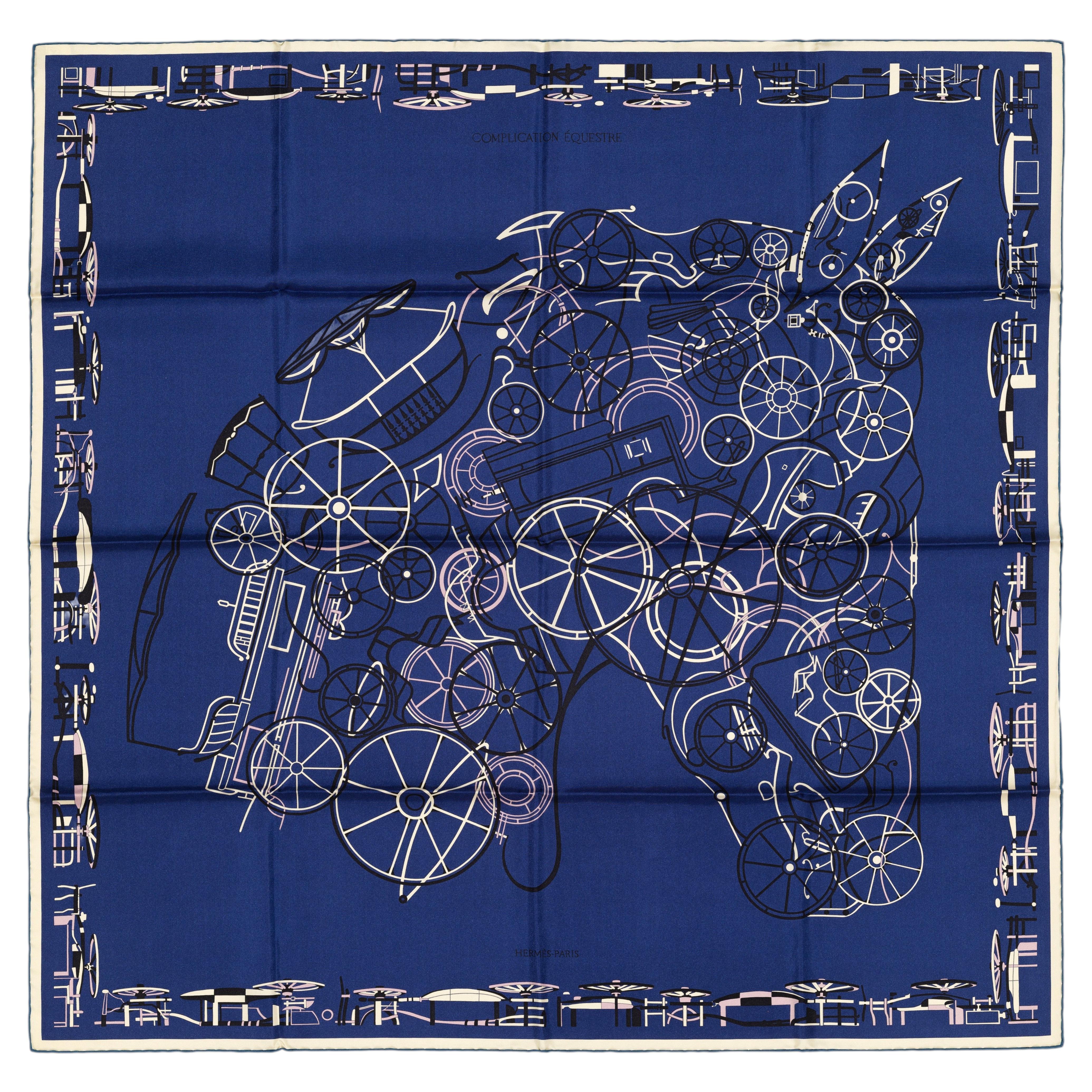 Auth. Hermes Scarf -  Complication Equestre - Marine Parme Blanc - New with Tag For Sale
