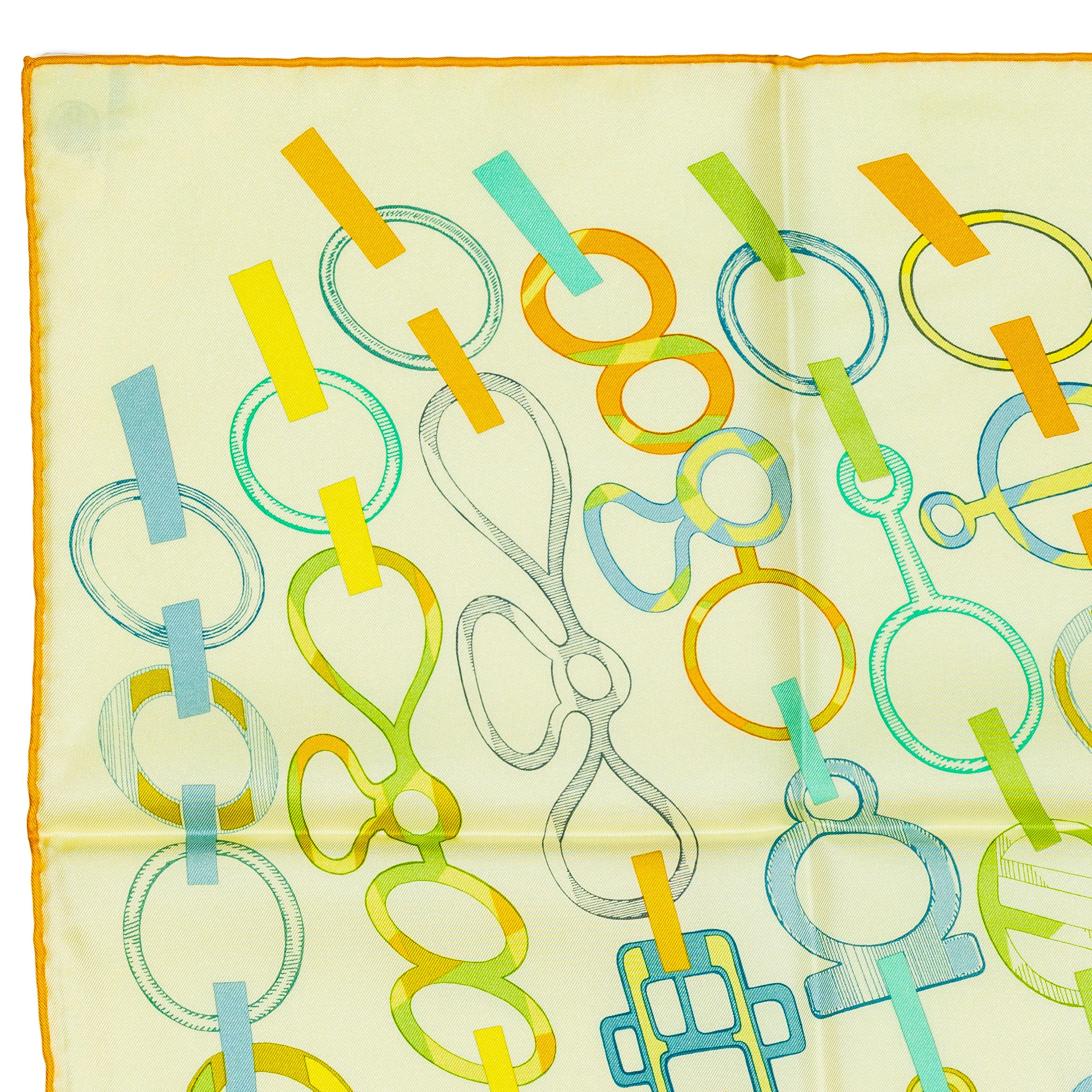 Vert Auth. Hermès Foulard Do Re Boucles - Jaune Soufre Pale New Store Tag en vente