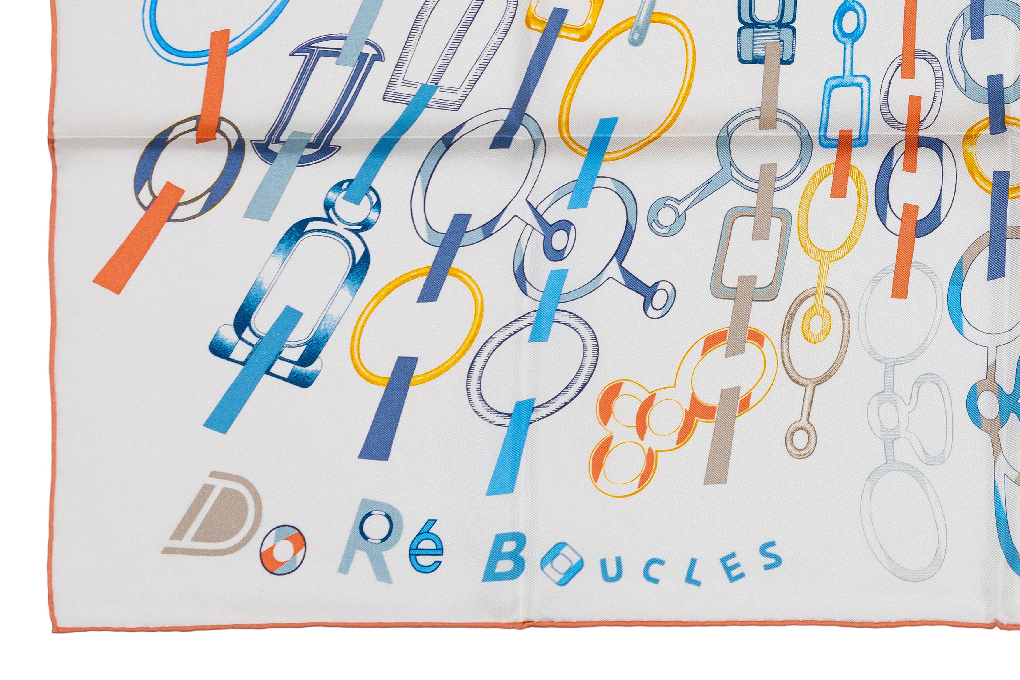 Aut. Pañuelo Hermès Do Re Boucles - Naranja Blanco Nueva Etiqueta de Cuidado en venta 1