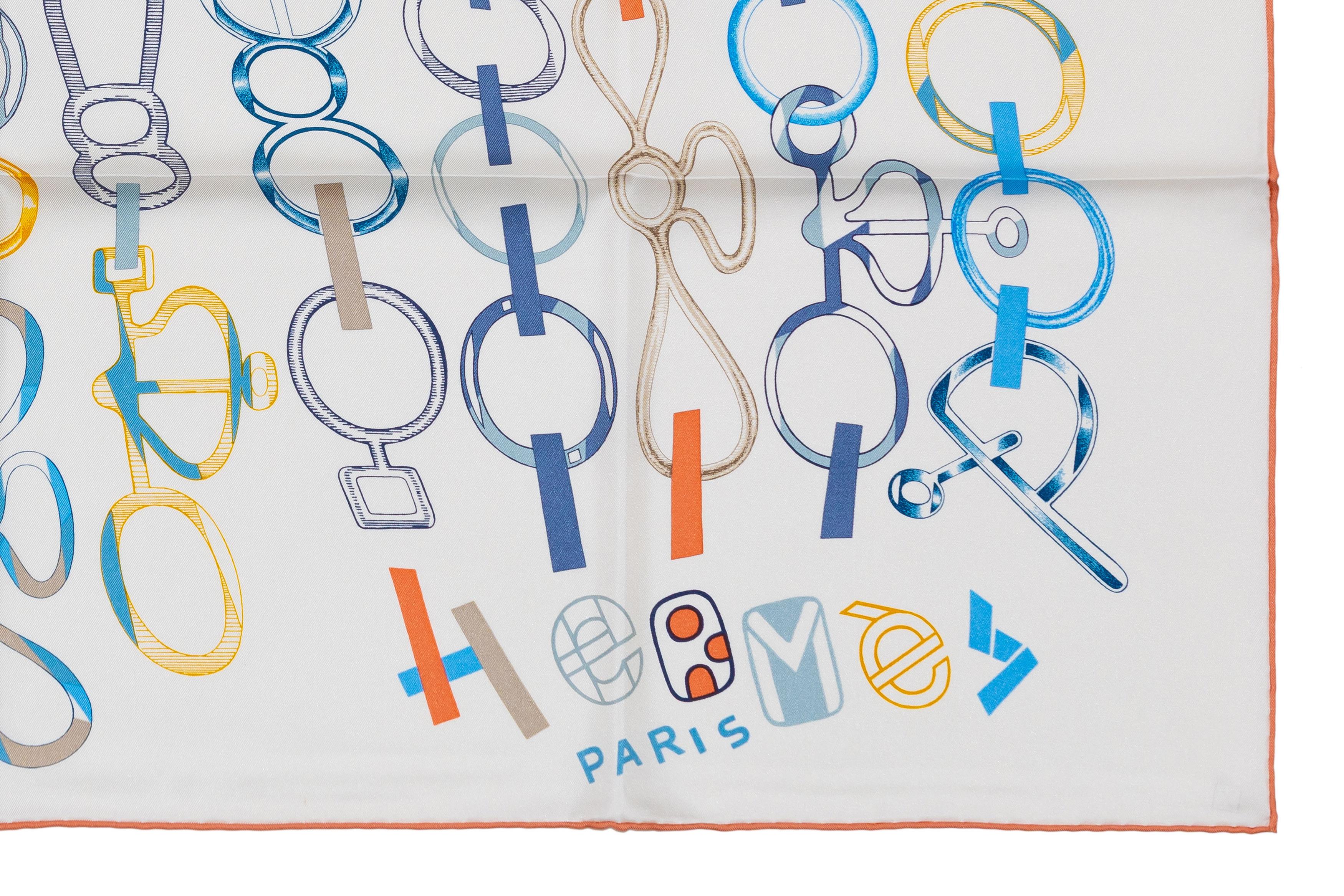 Aut. Pañuelo Hermès Do Re Boucles - Naranja Blanco Nueva Etiqueta de Cuidado en venta 2