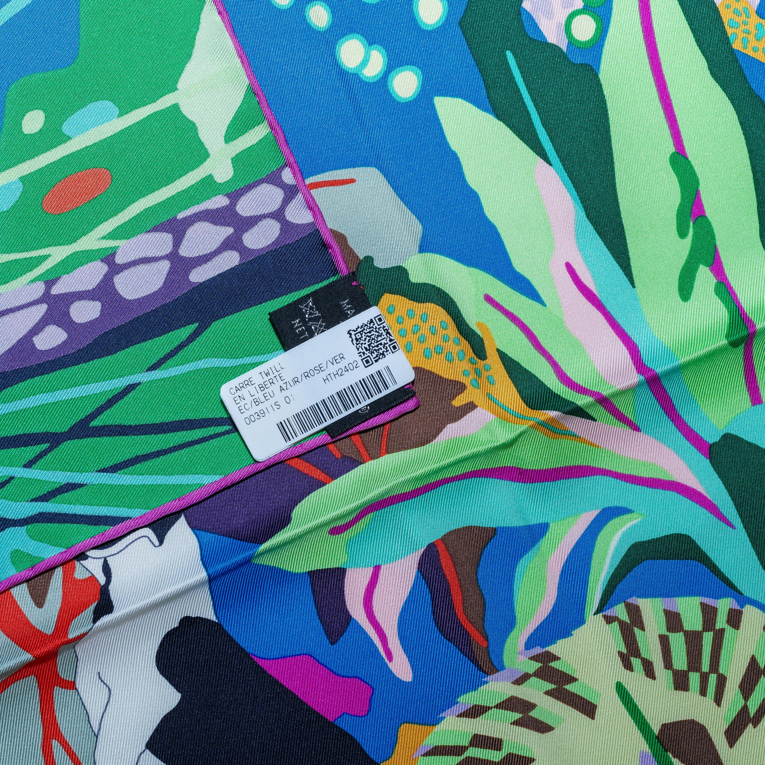 Auth. Hermès Scarf En Liberté - Blue Azur Rose Vert  New Store Tag In New Condition In Ottawa, CA