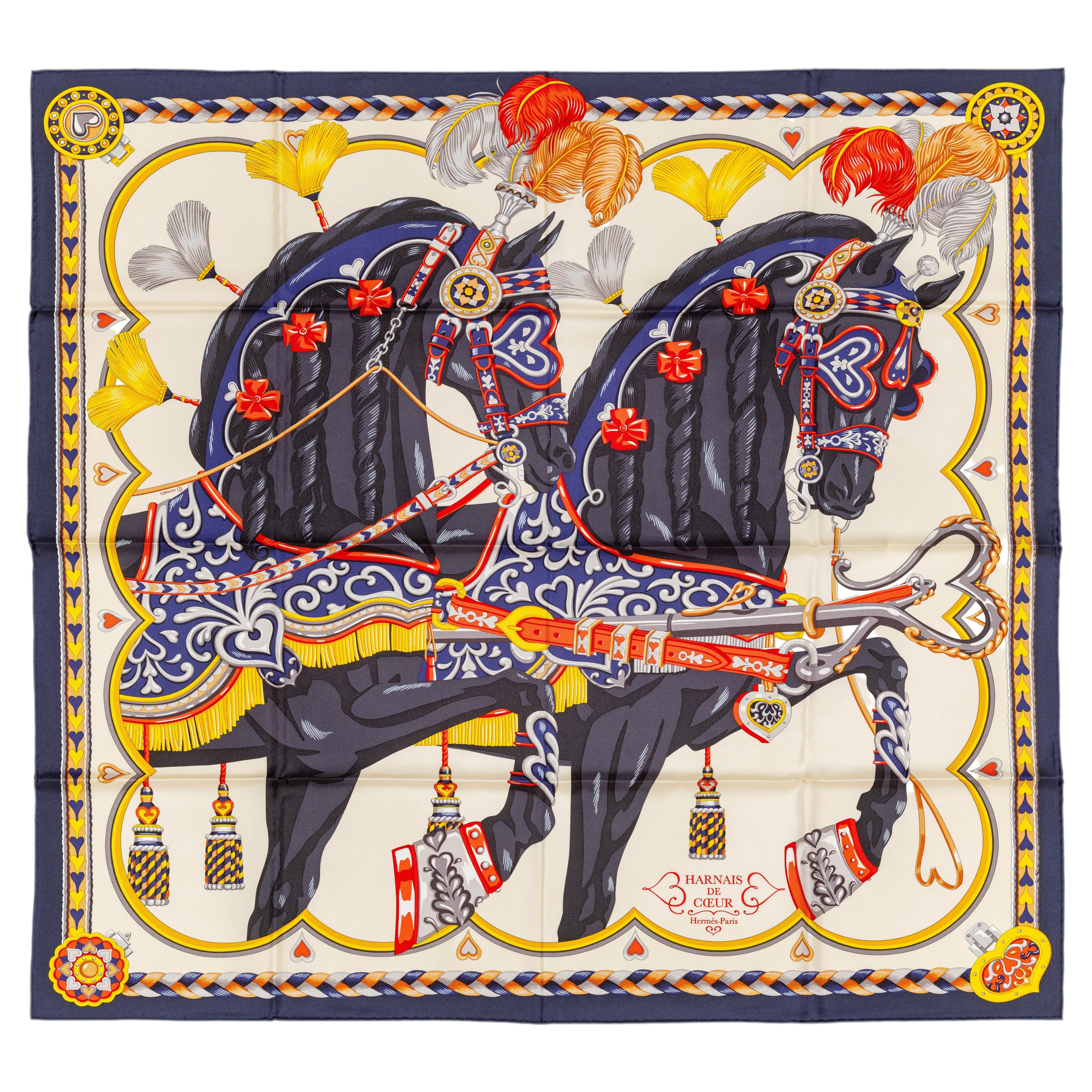 Autor. Hermès-Schal – „Harnais De Coeur“ – Blau, Schwarz, Creme – Neues Etikett aus dem Laden