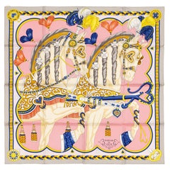 Auth. Hermes Scarf - Harnais De Coeur - Gris Perle Rose Bonbon - New Store Tag