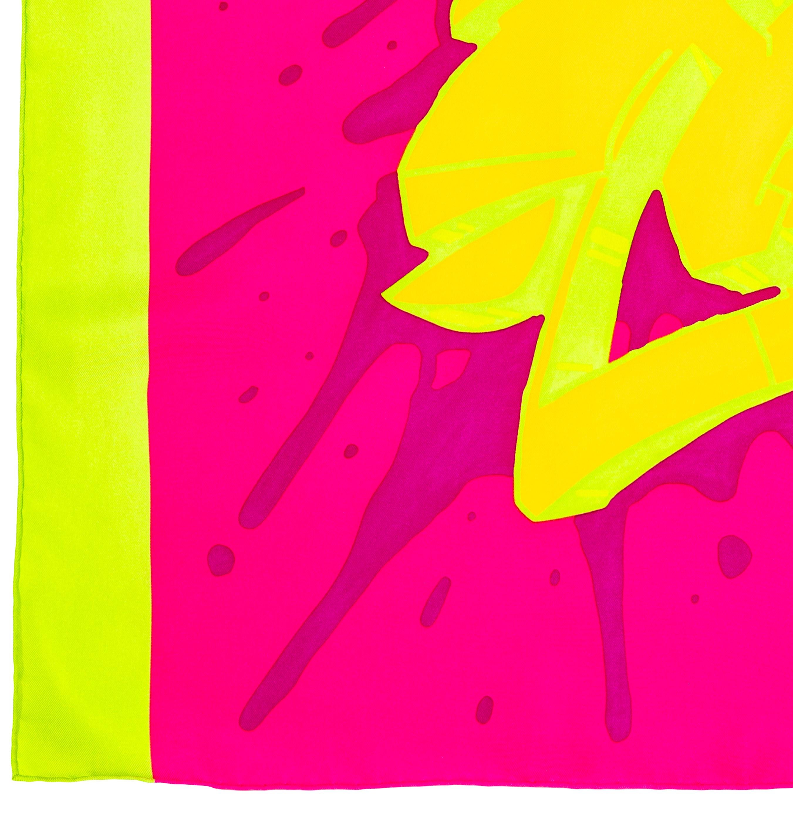 Aut. Bufanda Hermes Hermes Graff - Vert Fluo Fuschia Exc. Estado - Etiqueta de cuidado en venta 7