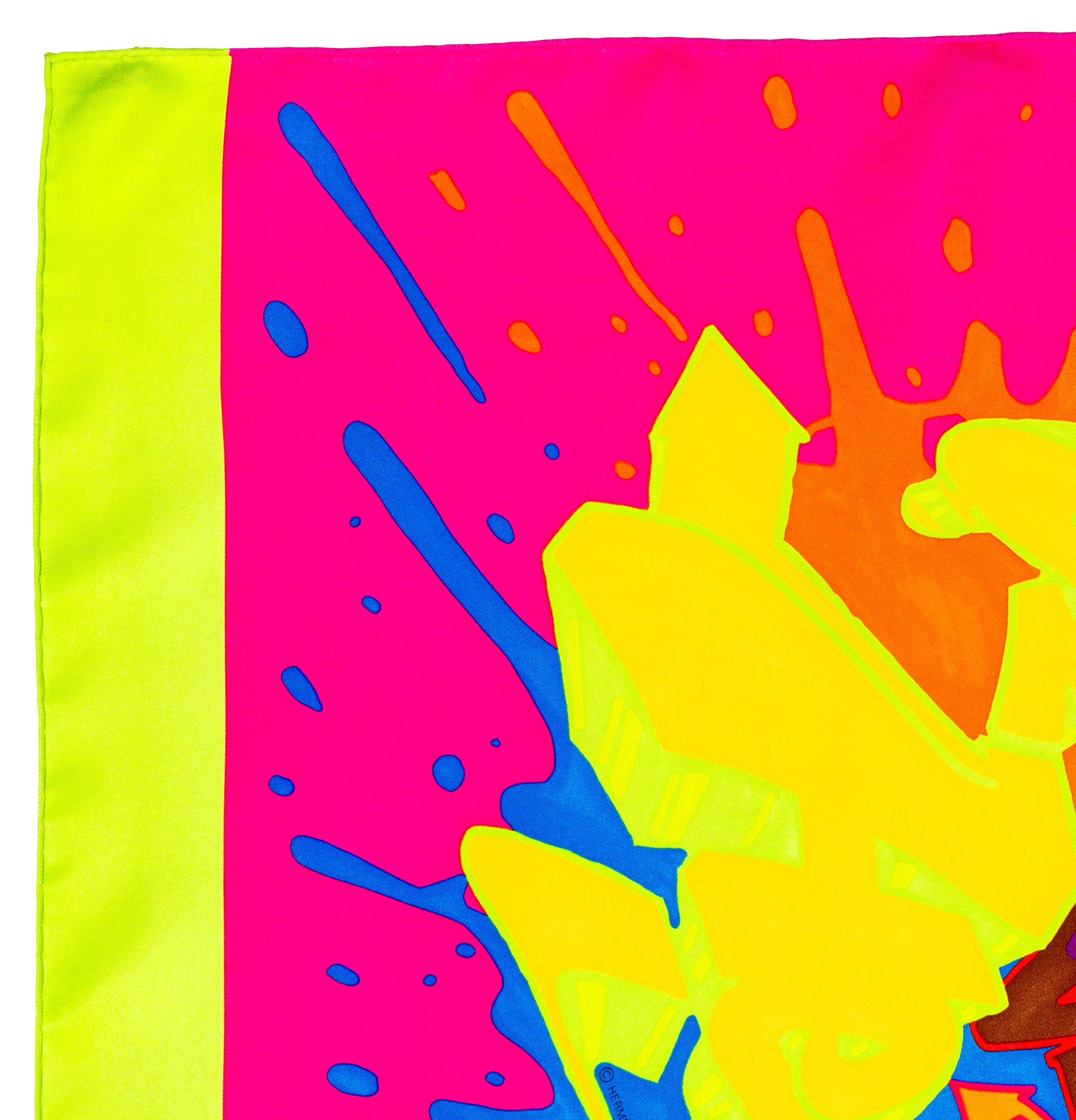 Aut. Bufanda Hermes Hermes Graff - Vert Fluo Fuschia Exc. Estado - Etiqueta de cuidado en venta 1