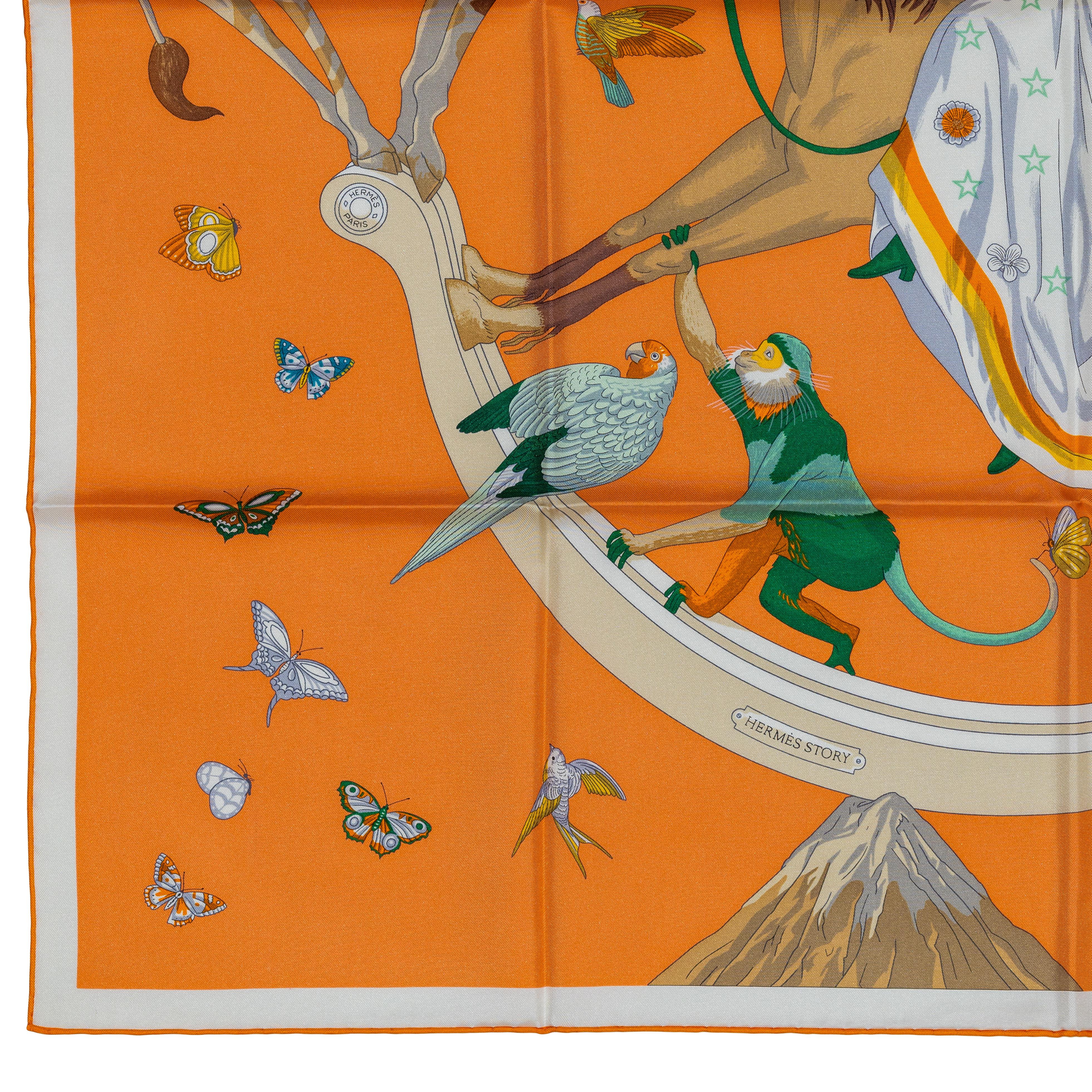 Auth. Hermès Scarf Hermès Story Abricot Beige Vert New Store Tag For Sale 2