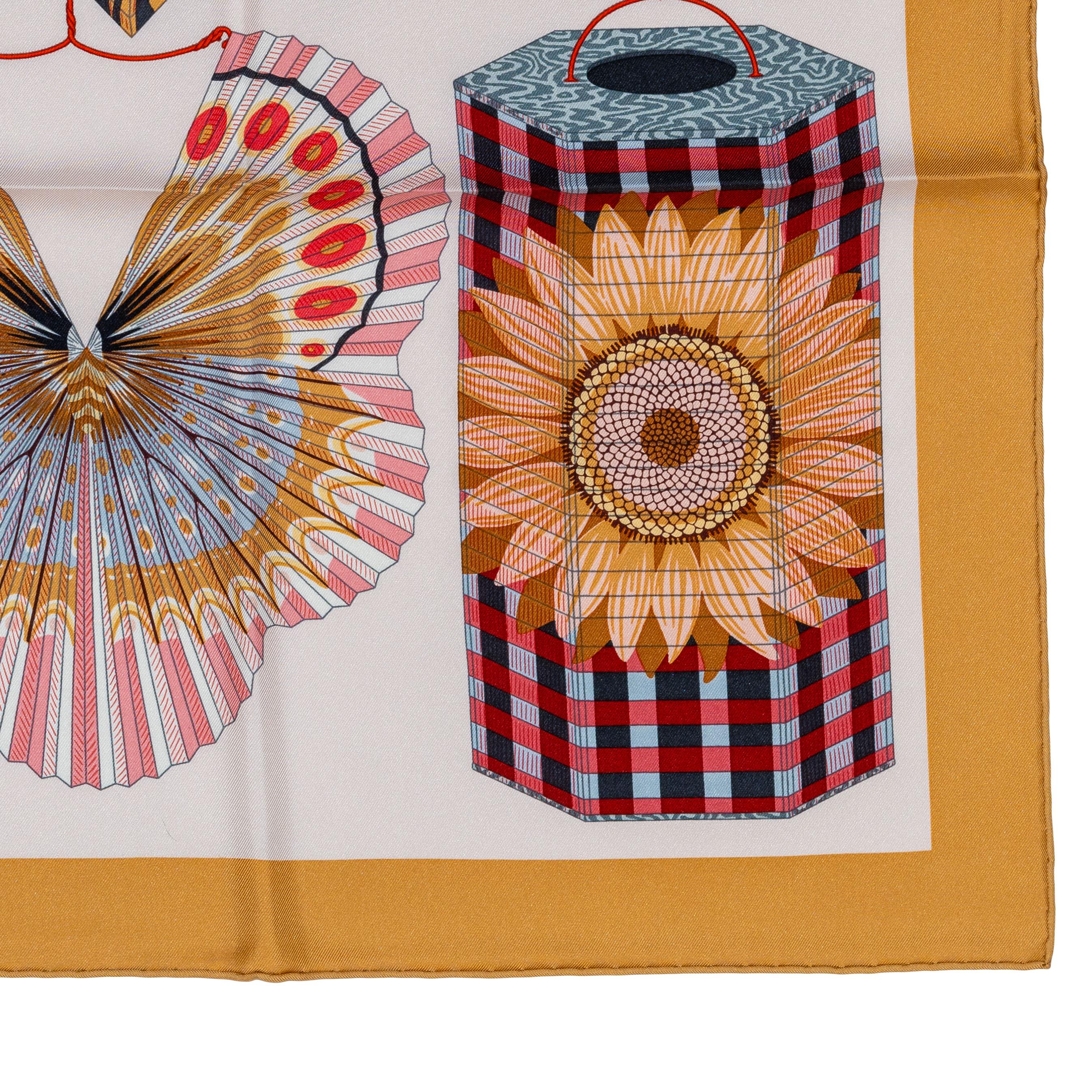 Auth. Hermès Scarf Lanternes, Ballons and Cocardes - Beige Rose Nacre New Tag 10