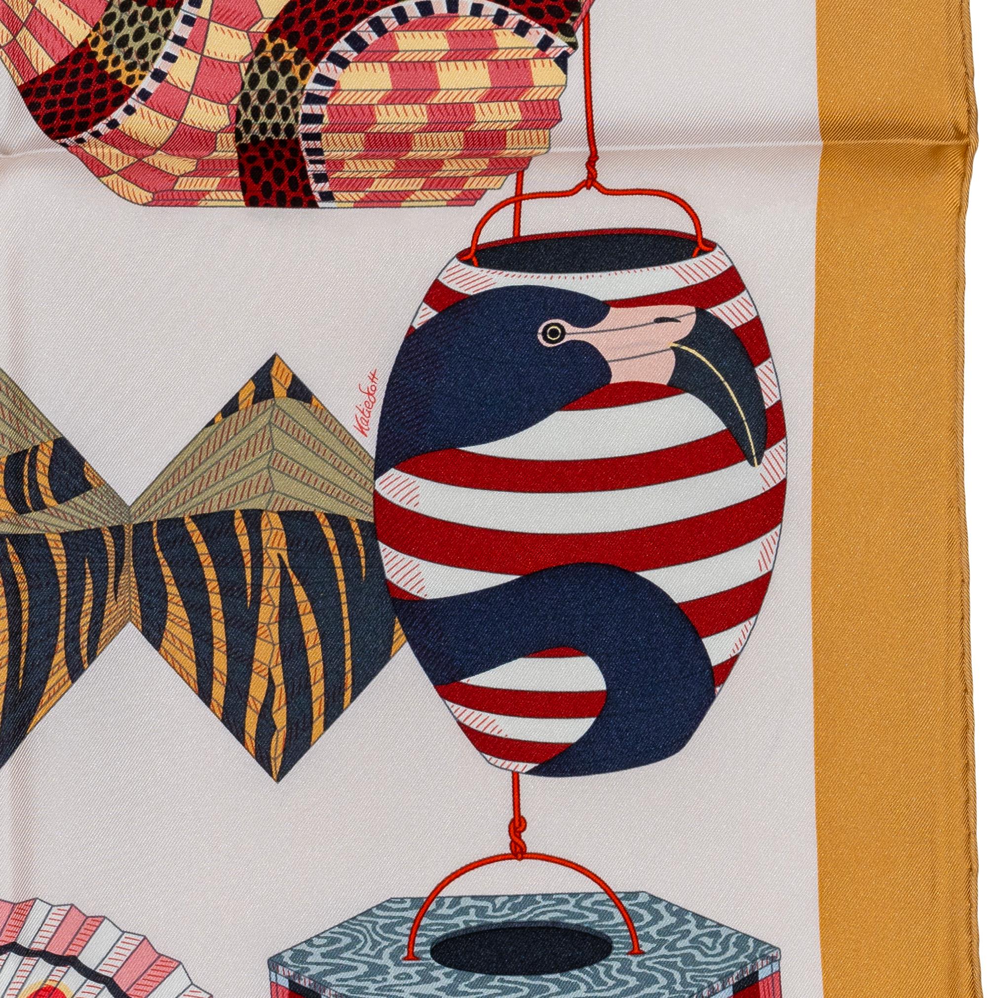 Auth. Hermès Scarf Lanternes, Ballons and Cocardes - Beige Rose Nacre New Tag 1