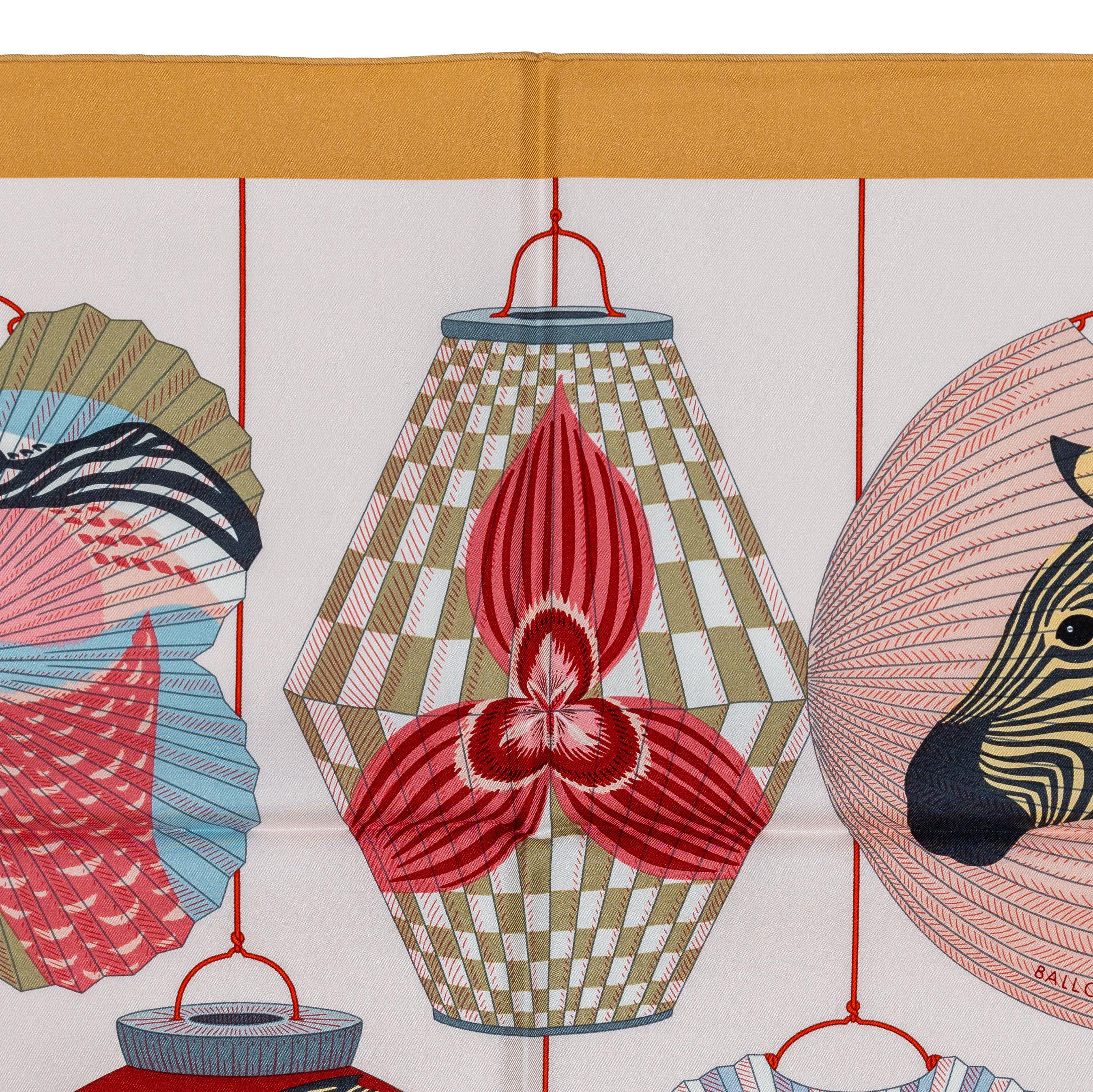 Auth. Hermès Scarf Lanternes, Ballons and Cocardes - Beige Rose Nacre New Tag 3