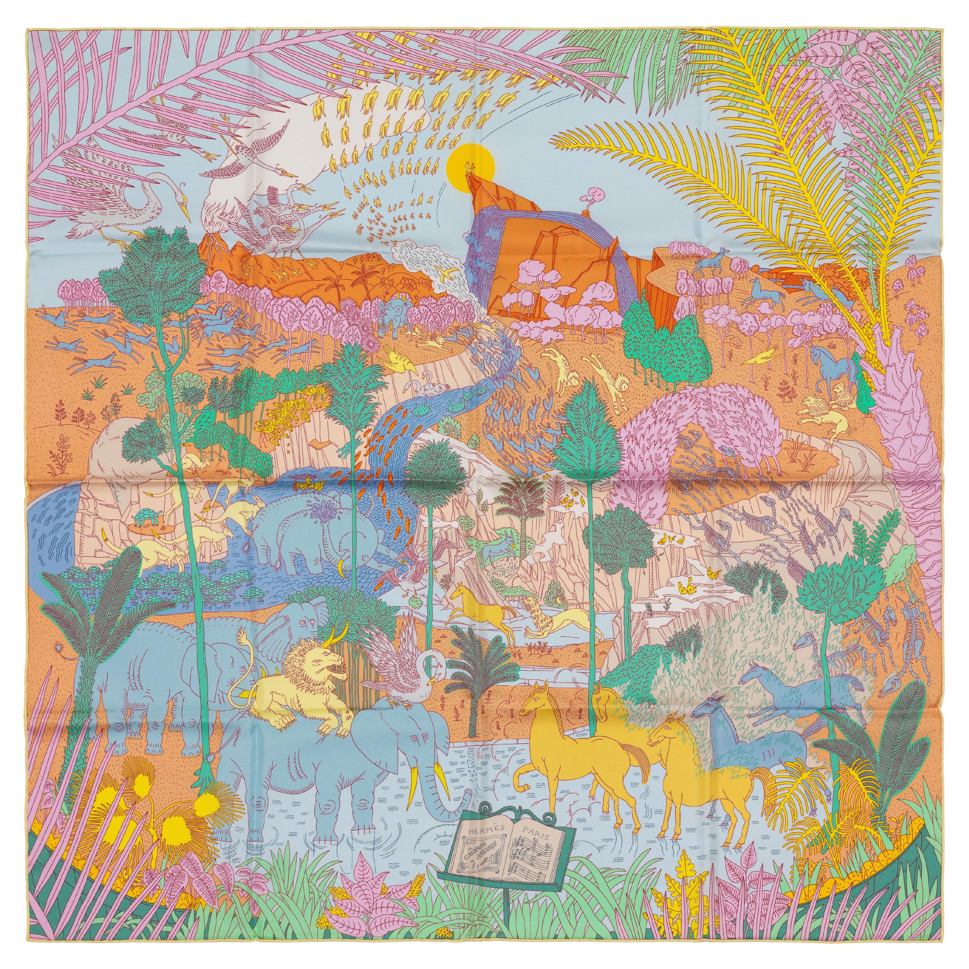 Auth. Hermès Scarf Le Carnaval des Animaux - Multicolour New Care Tag For Sale