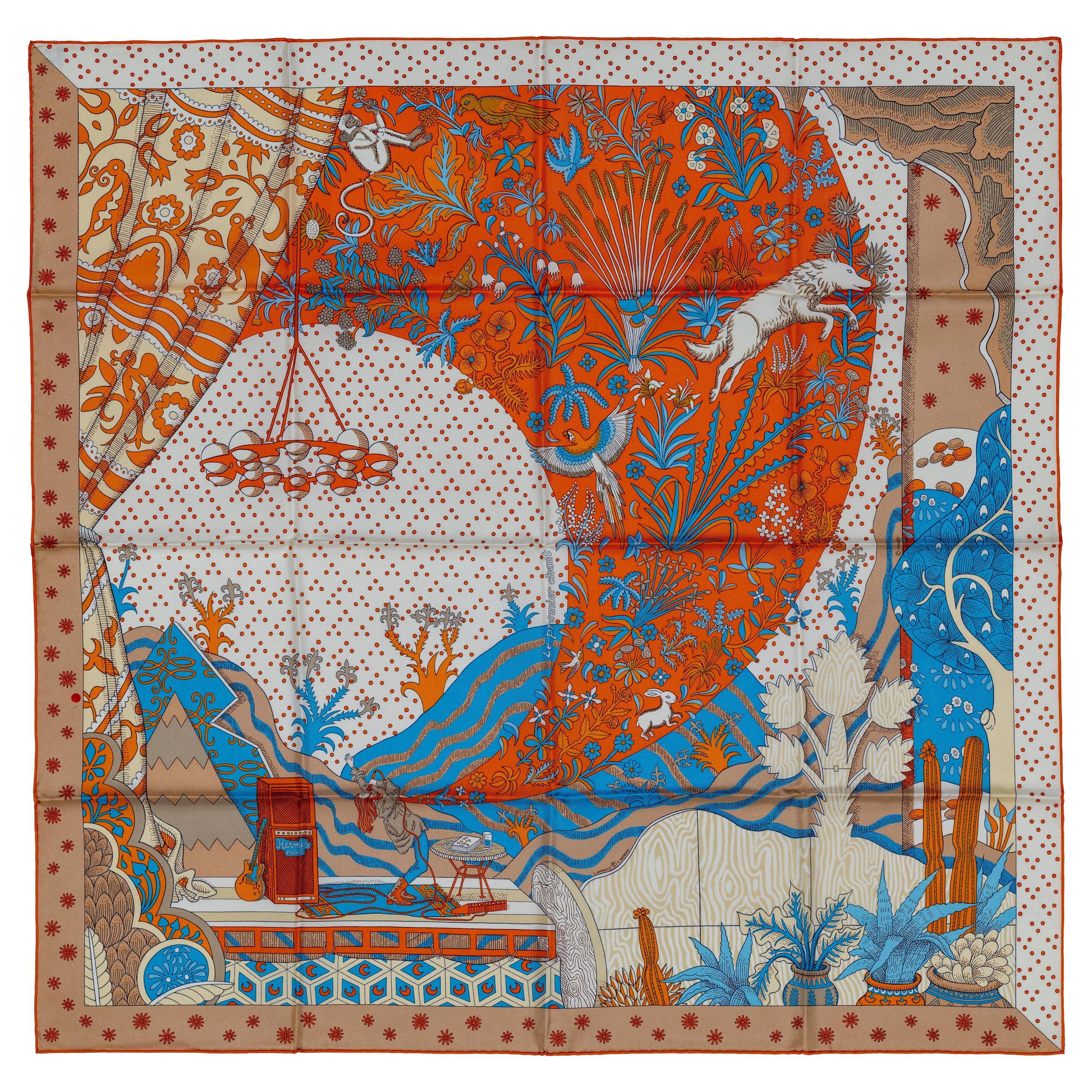 Aut. Hermès Bufanda Le Premier Chant - Orange Blanc Bleu Nueva Etiqueta de la Tienda