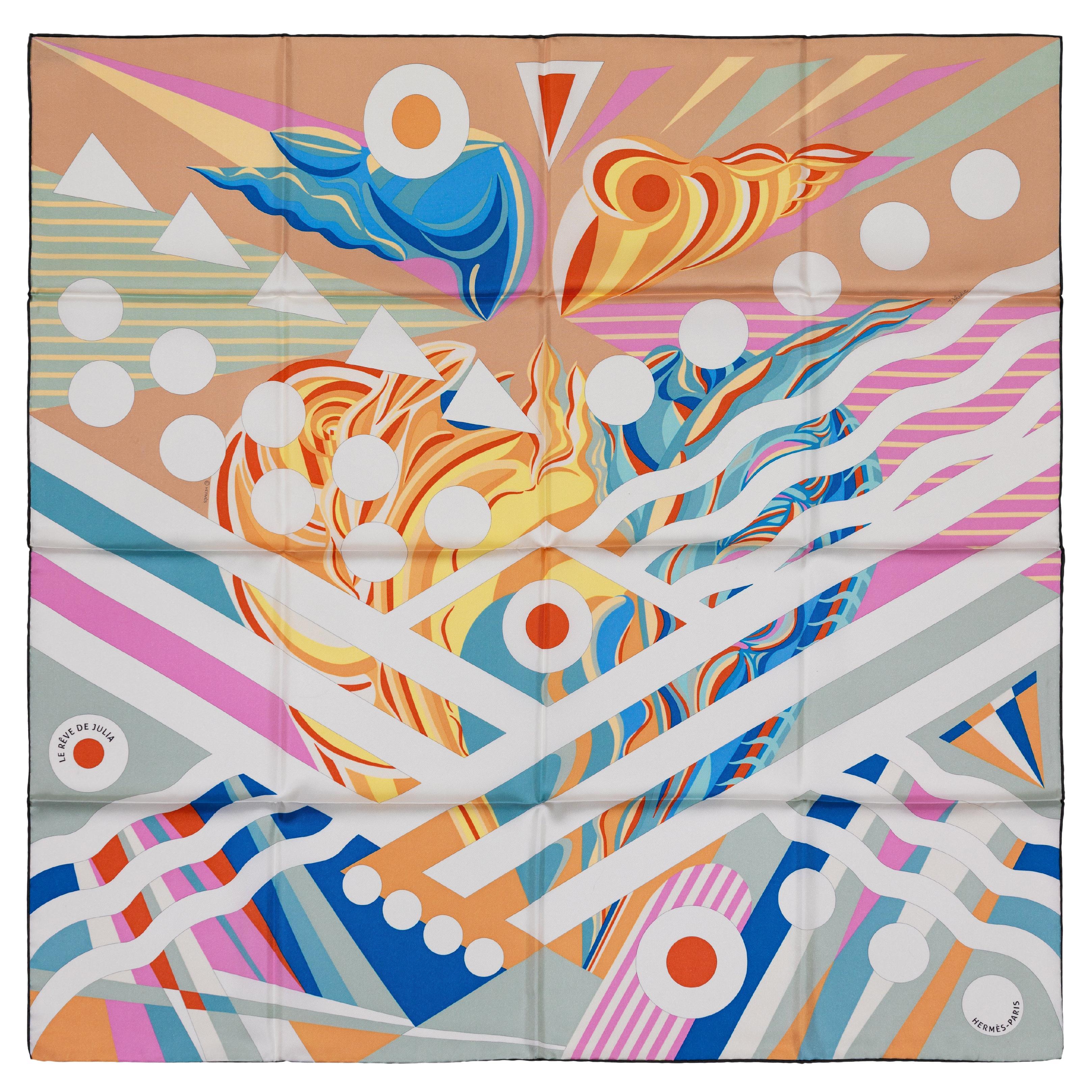 Aut. Hermès Bufanda Le Rêve de Julia - Beige Rosa Azul Etiqueta de cuidado