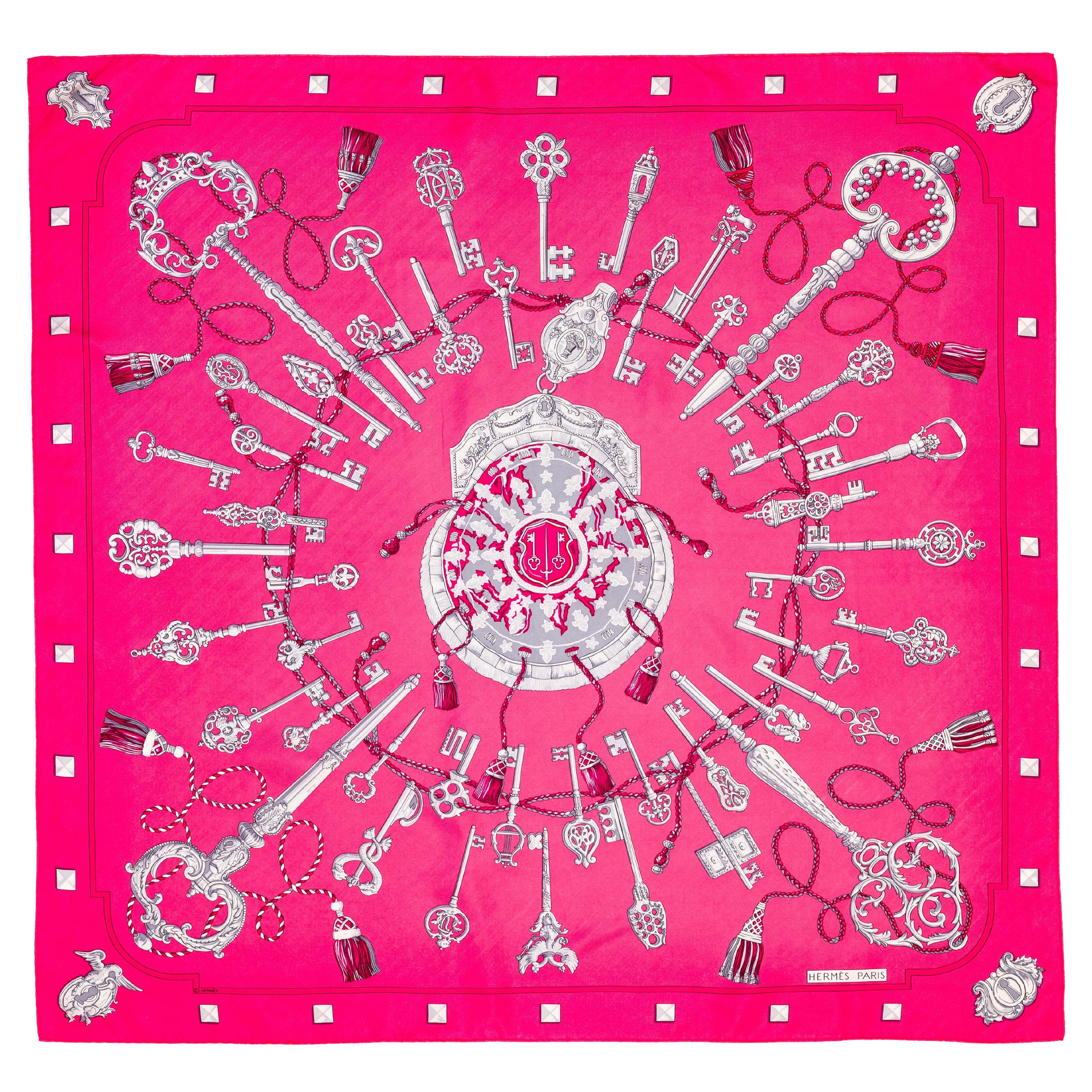Aut. Pañuelo Hermes Les Clefs - Rose Vif Fuschia - Exc. Condición Cuidado Etiqueta