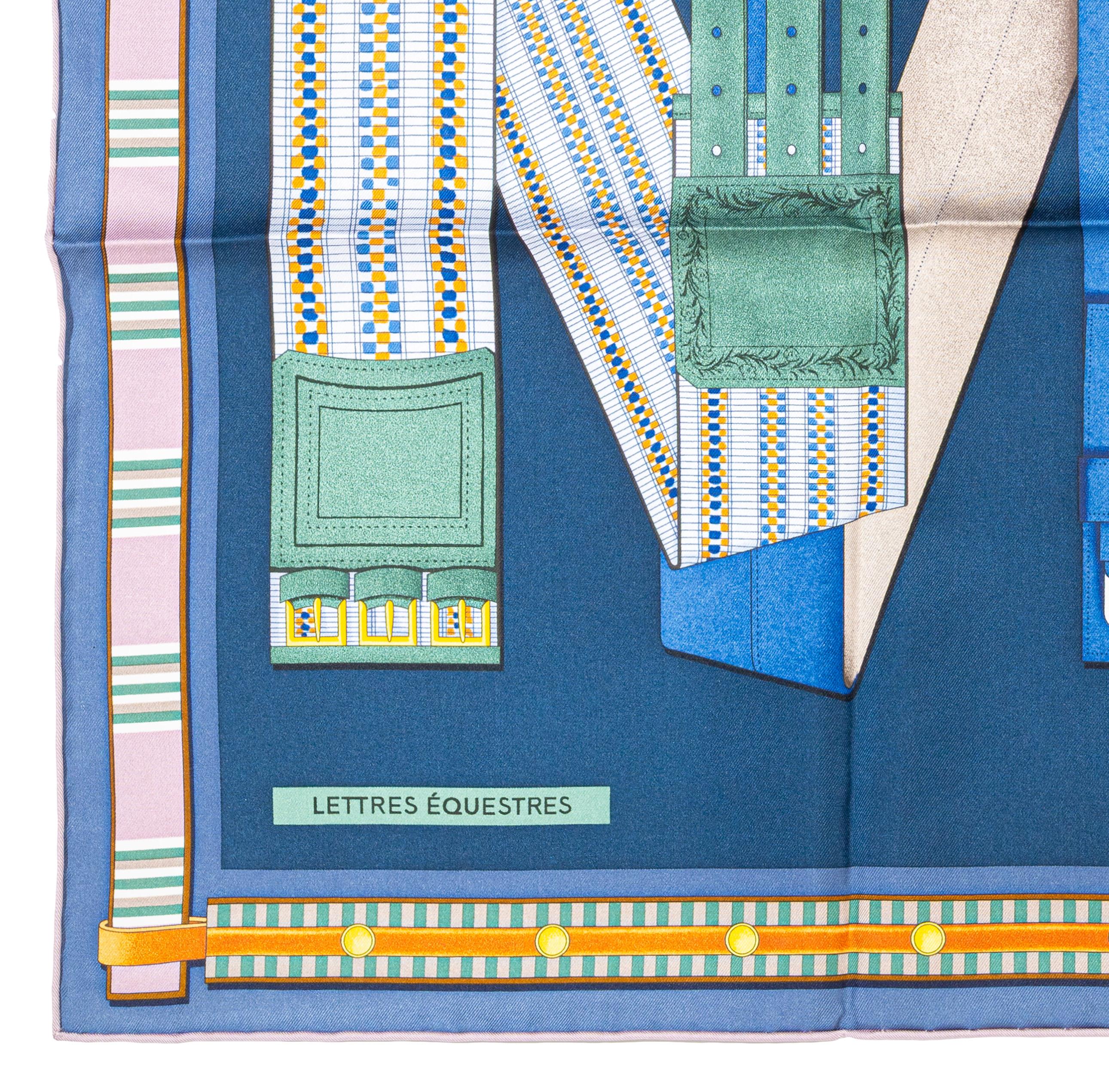 Aut. Hermès Bufanda Lettres Équestres - Bleu Ardoise Vert Nueva Etiqueta de la Tienda en venta 7