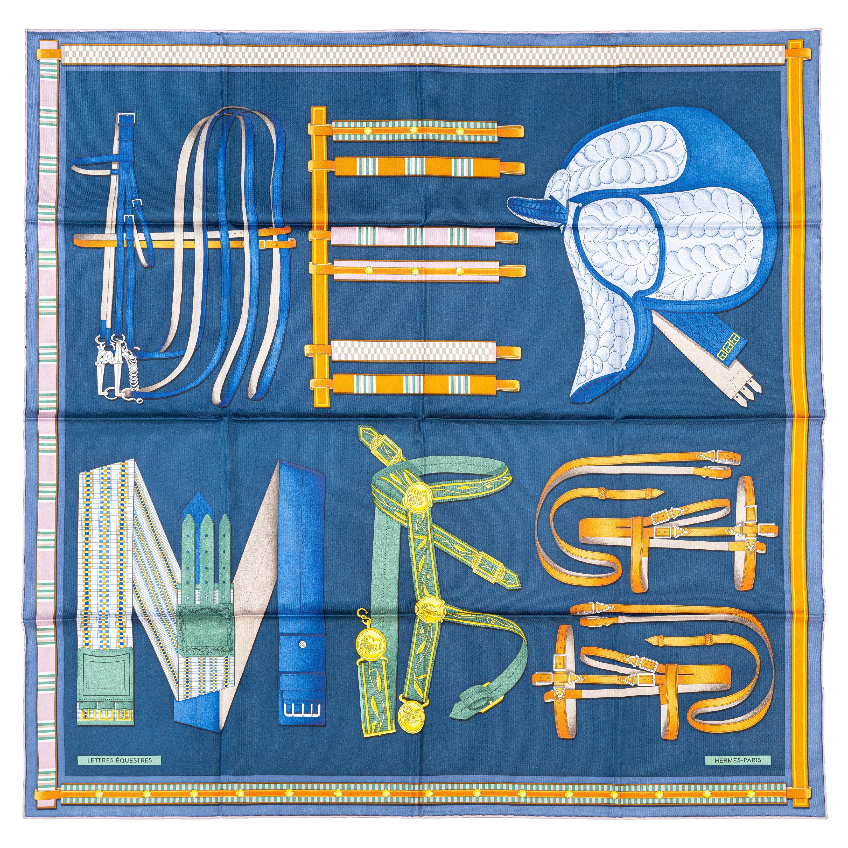 Aut. Hermès Bufanda Lettres Équestres - Bleu Ardoise Vert Nueva Etiqueta de la Tienda