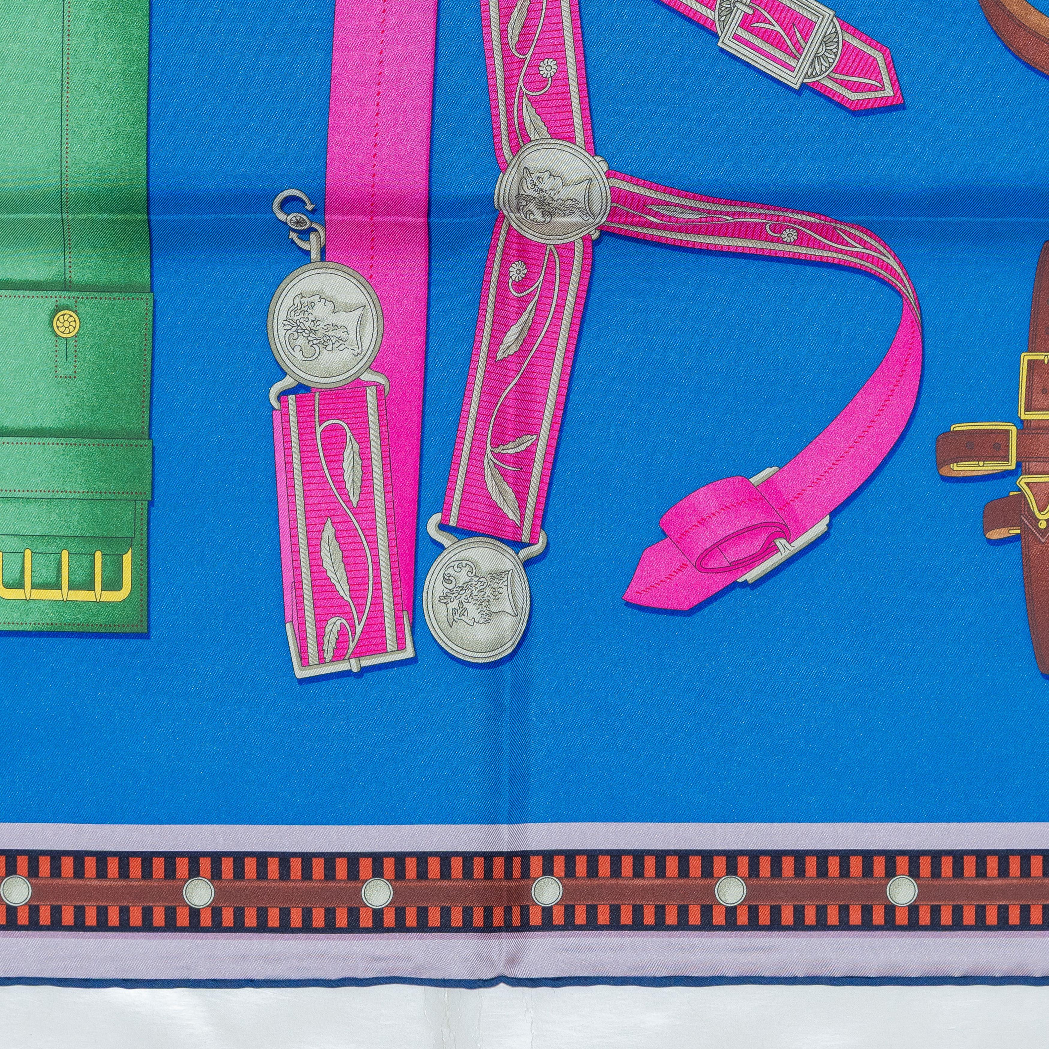 Auth. Foulard Hermès Lettres Équestres - Bleu Azur Vert Rose New Store Tag en vente 5