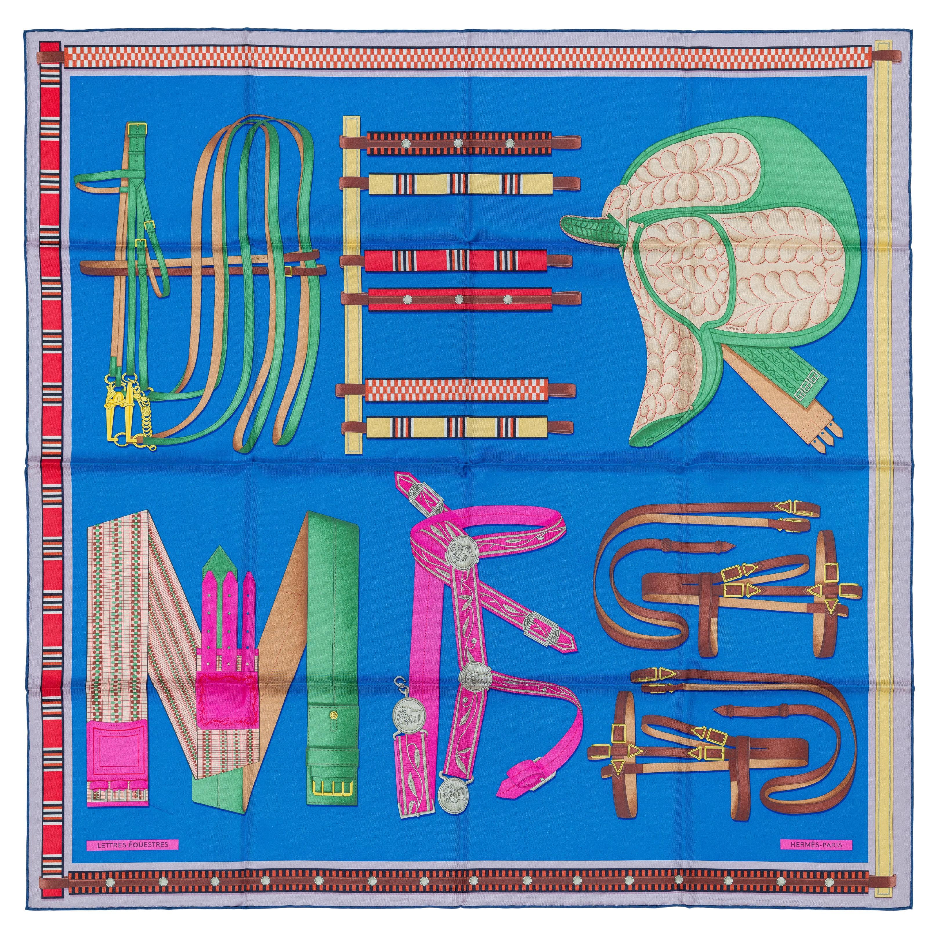 Auth. Hermès Scarf Lettres Équestres - Bleu Azur Vert Rose New Store Tag For Sale
