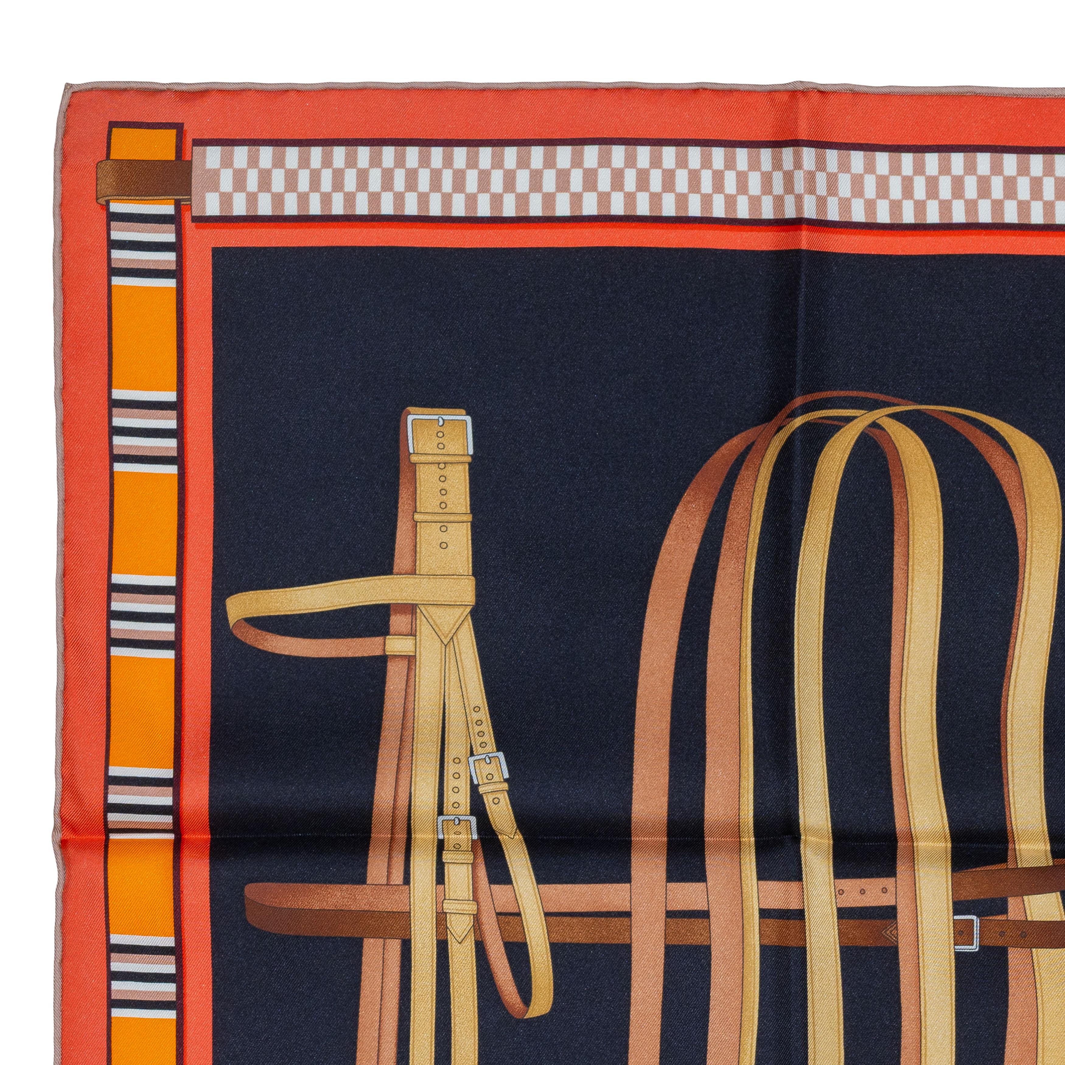 Auth. Hermès Scarf Lettres Équestres – Noir Orange Brun New Care Tag In New Condition In Ottawa, CA
