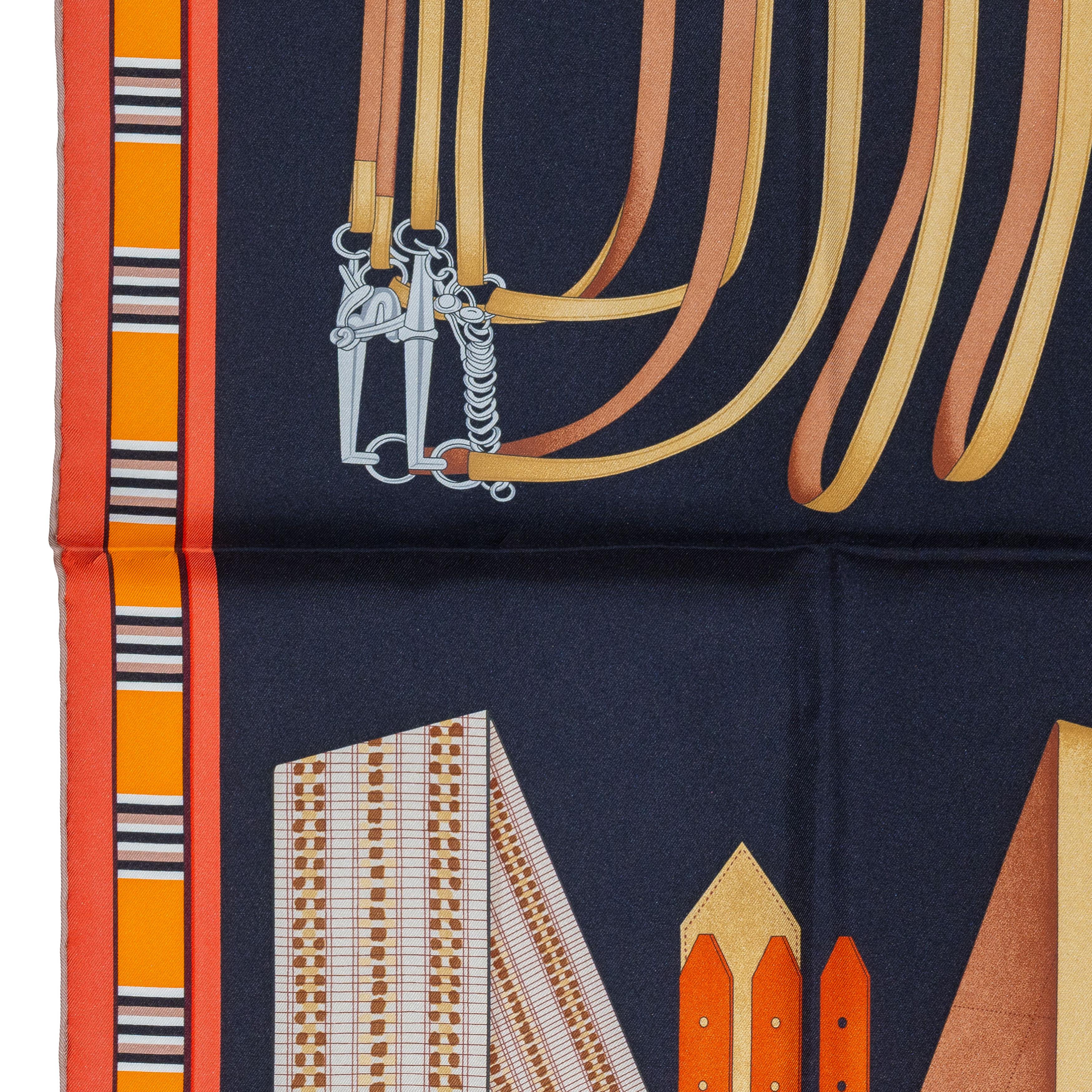 Auth. Hermès Scarf Lettres Équestres – Noir Orange Brun New Care Tag 2