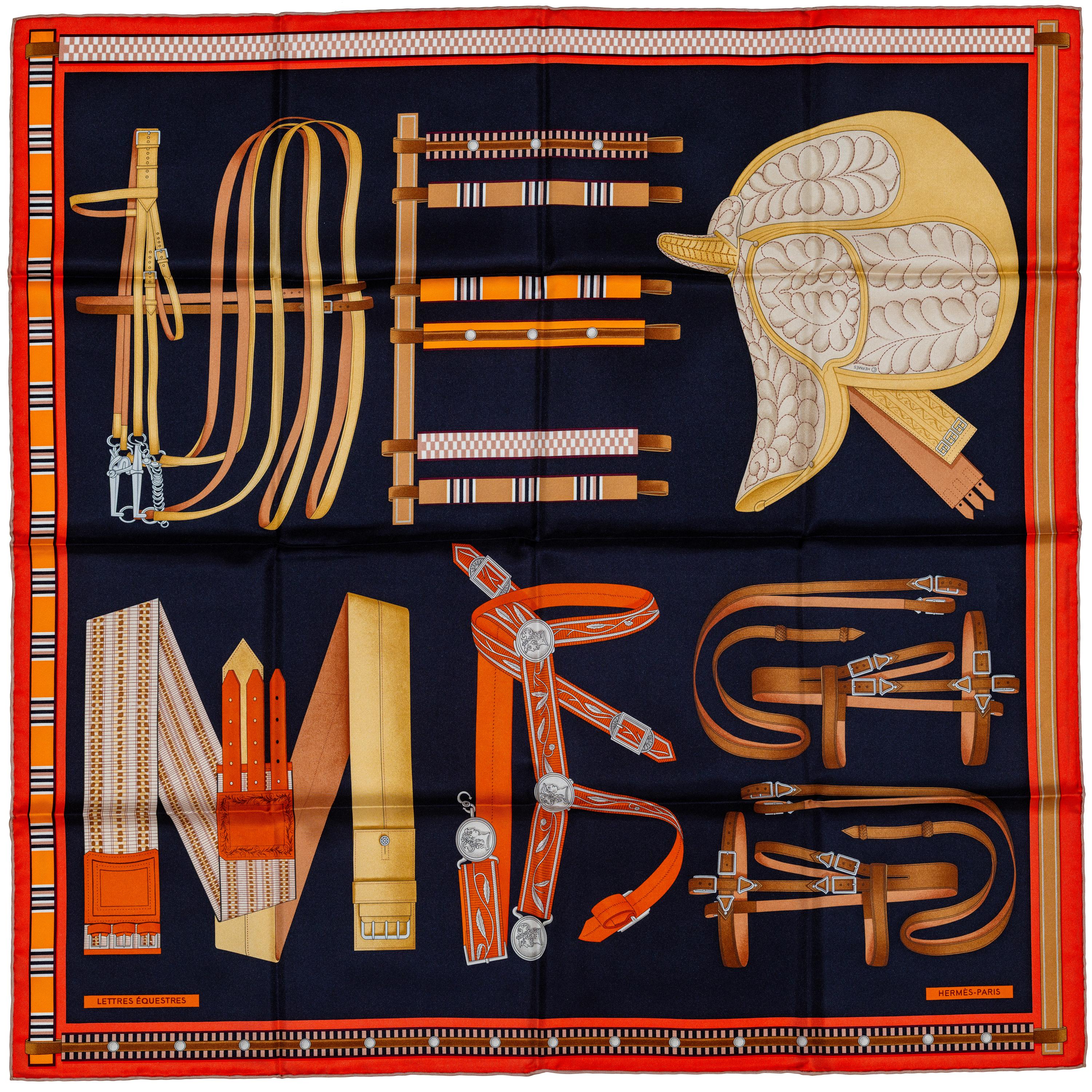 Auth. Foulard Hermès Lettres Équestres - Noir Orange Brun - New Store Tag