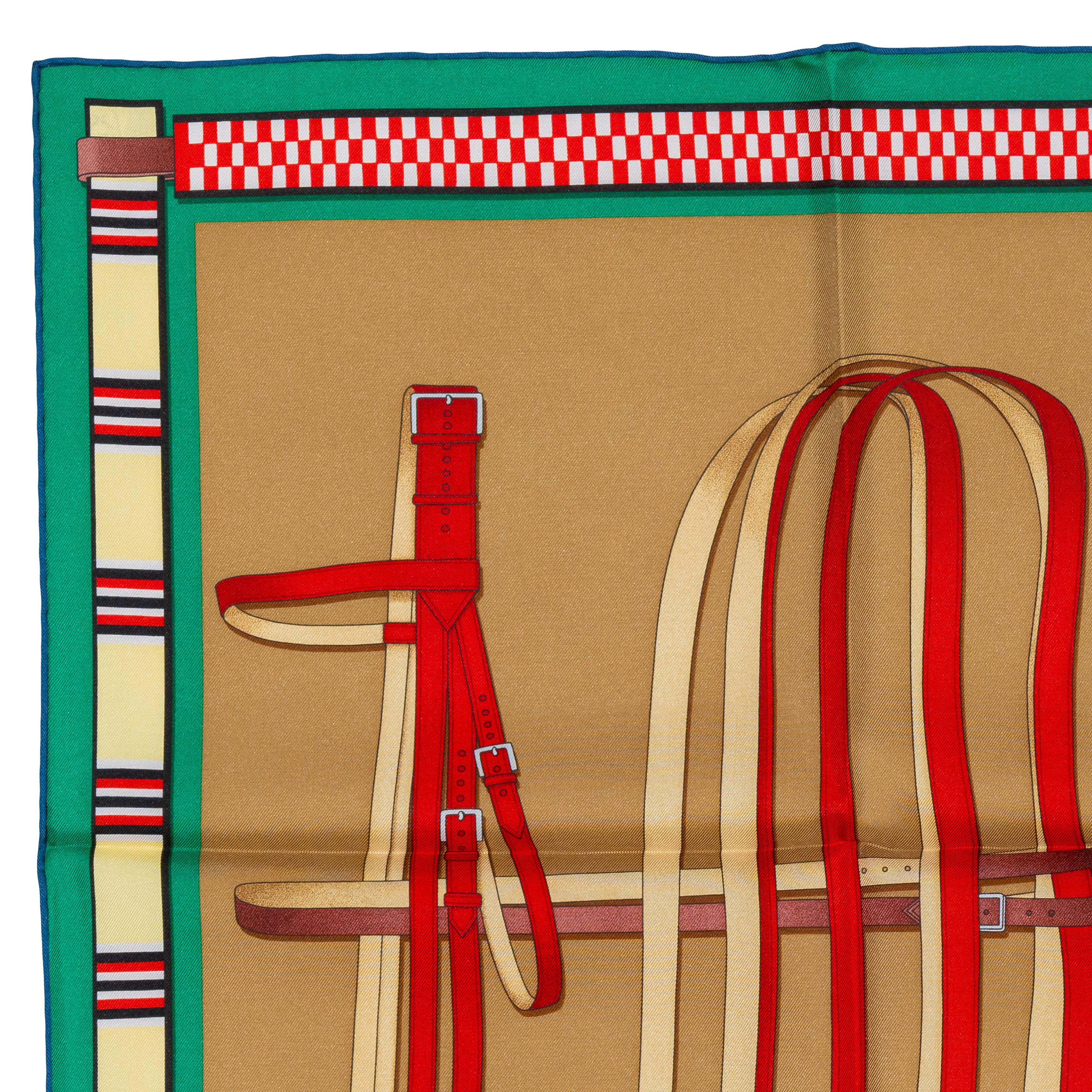 Brown Auth. Hermès Scarf Lettres Équestres - Tabac Vert Rouge New Store Tag