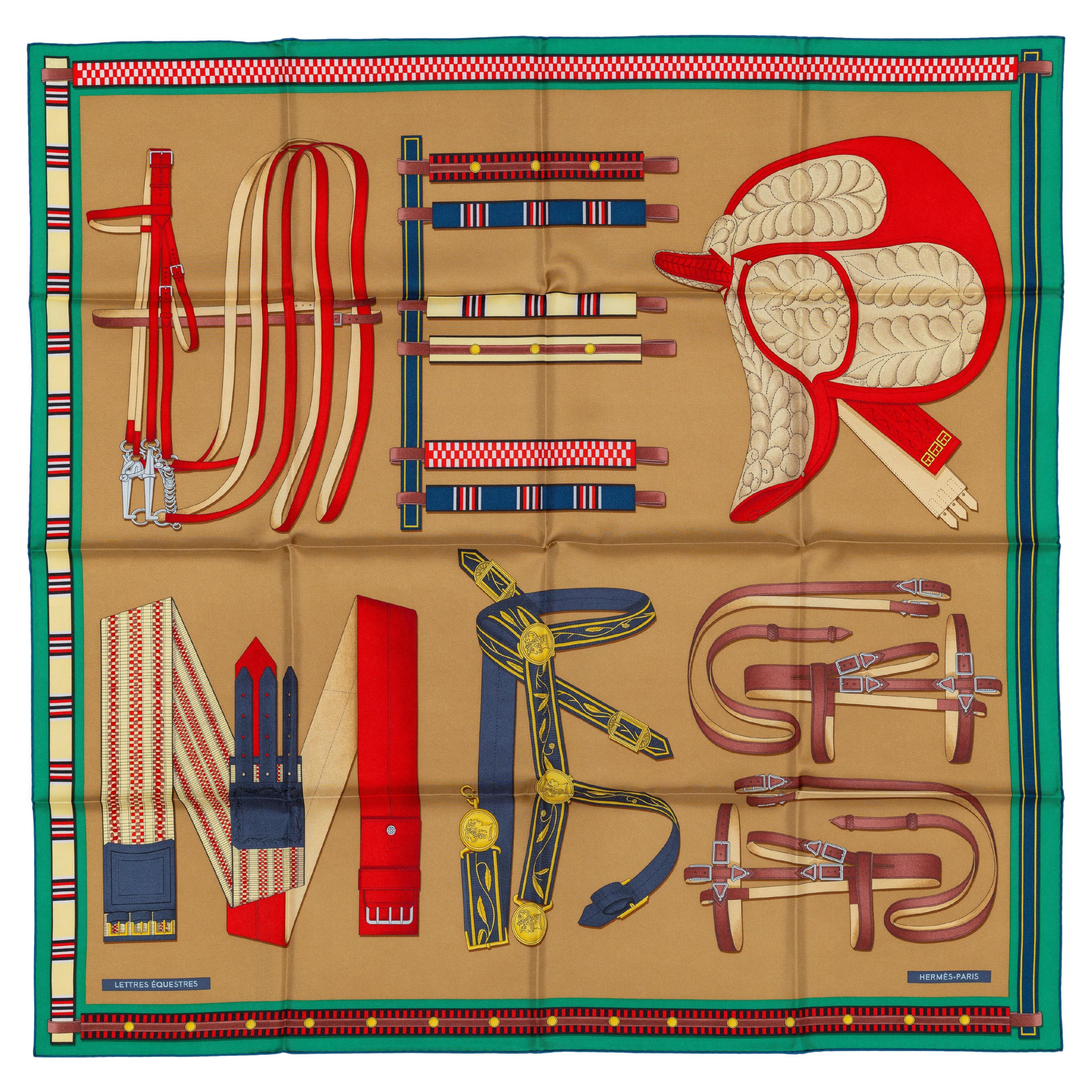 Aut. Hermès Bufanda Lettres Équestres - Tabac Vert Rouge Nueva Etiqueta de la Tienda