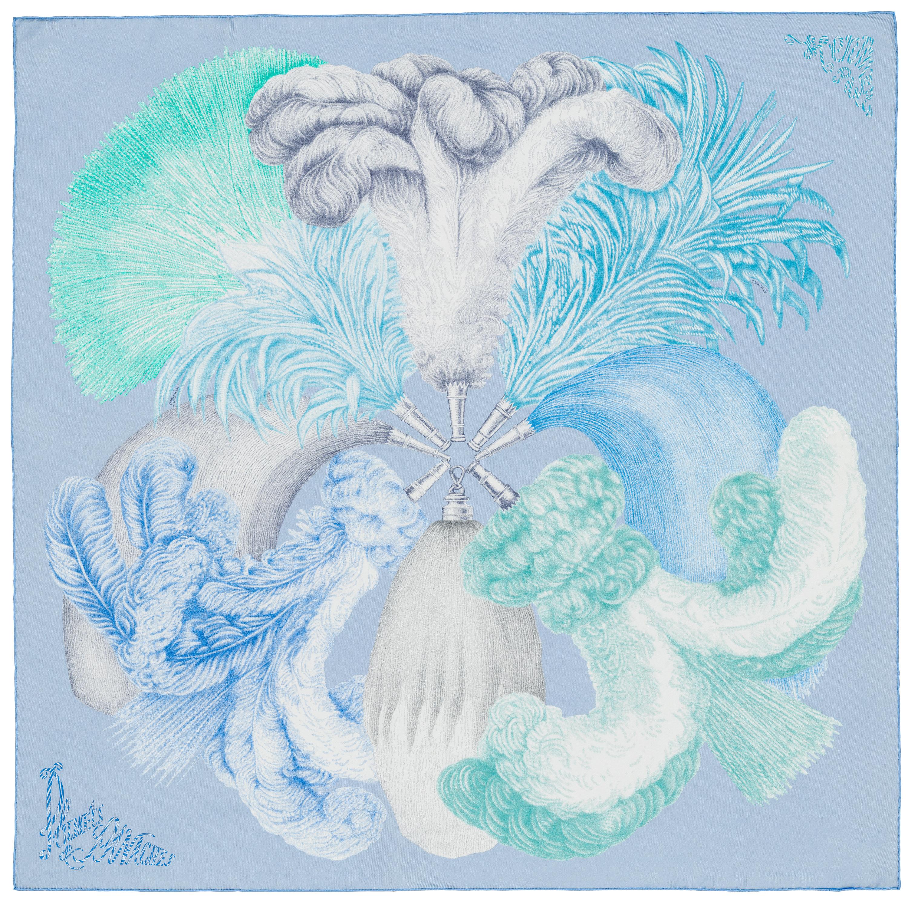 Auth. Hermès Scarf Plumets et Panaches - Bleu Glacier Vert New Store Tag For Sale