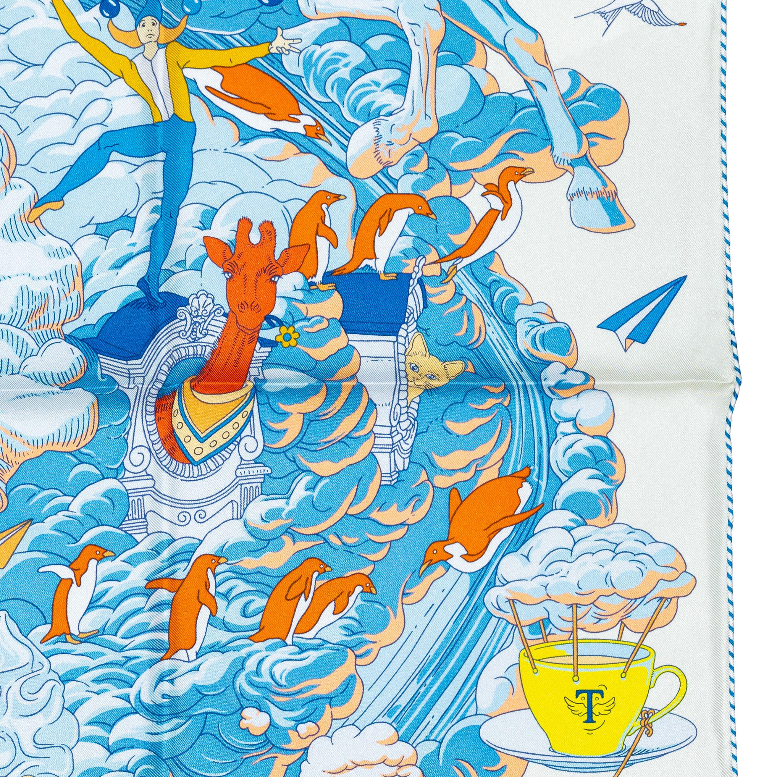 Auth. Hermès Scarf Sur Mon Nuage - Creme Bleu Clair Marine - NEw Store Tag For Sale 7