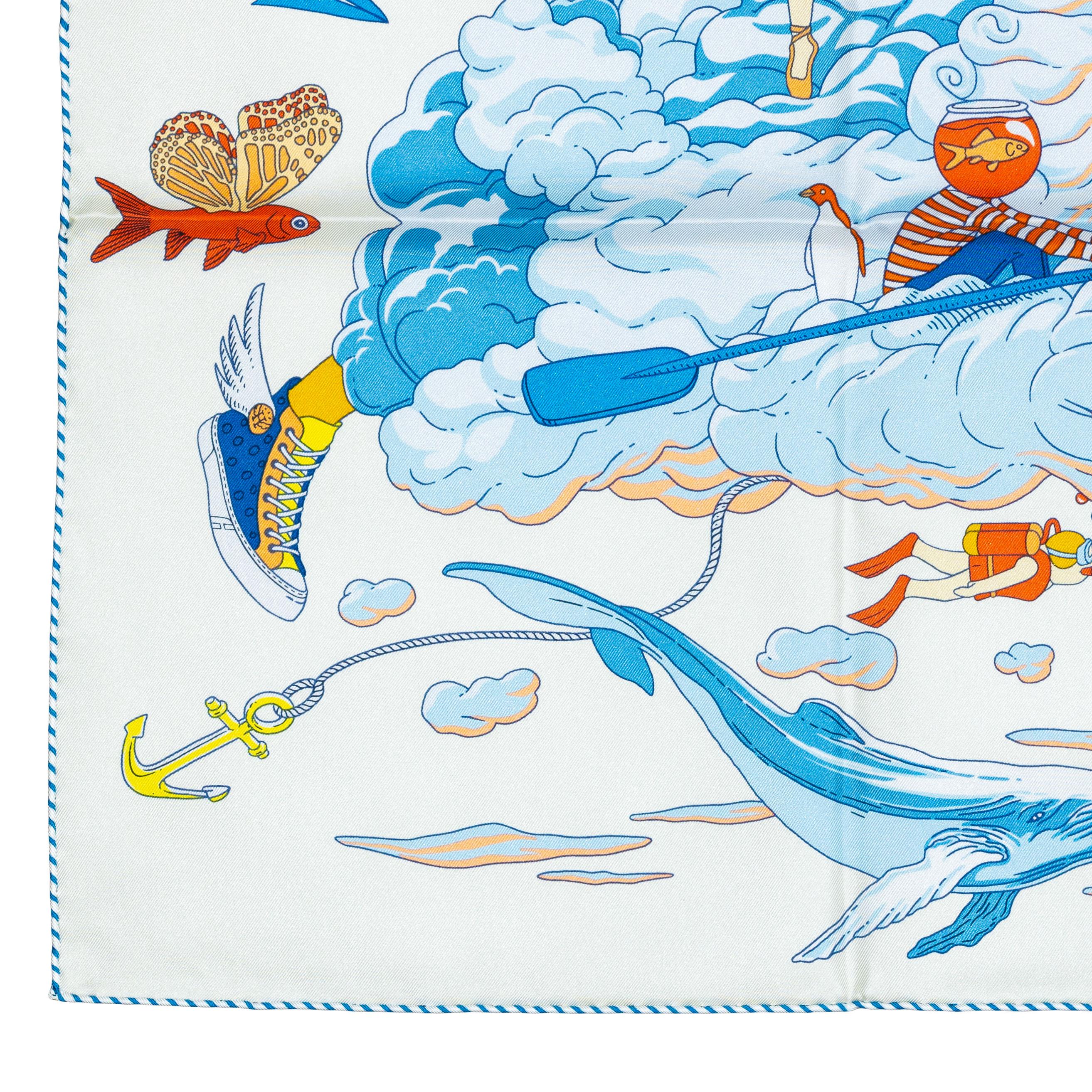 Auth. Hermès Scarf Sur Mon Nuage - Creme Bleu Clair Marine - NEw Store Tag For Sale 8