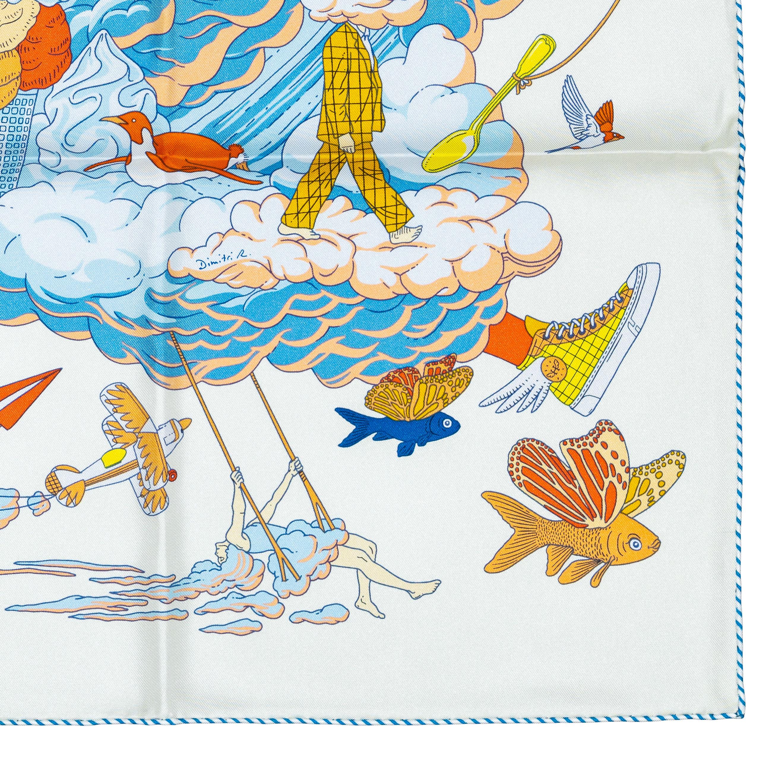Auth. Hermès Scarf Sur Mon Nuage - Creme Bleu Clair Marine - NEw Store Tag For Sale 10