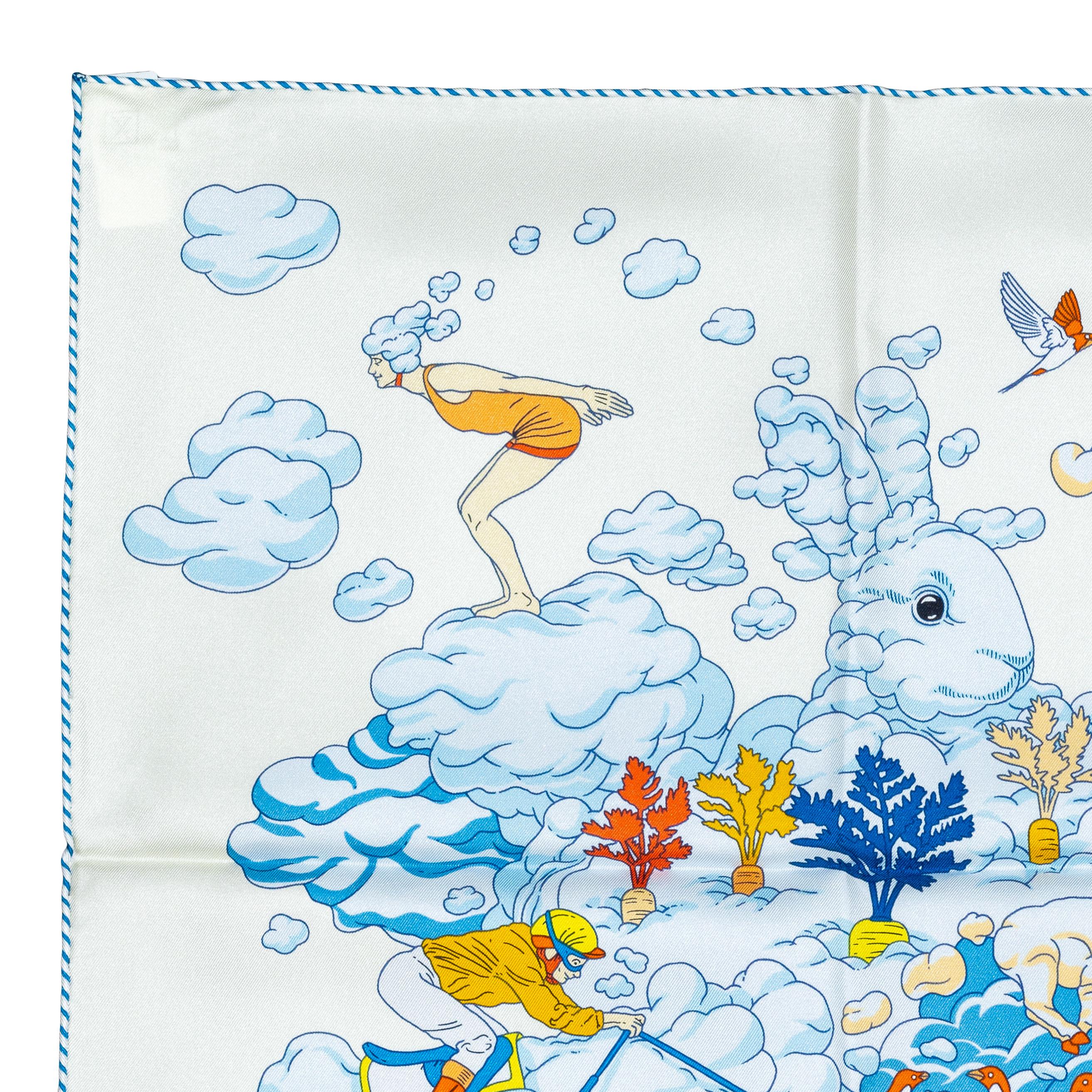 Auth. Hermès Scarf Sur Mon Nuage - Creme Bleu Clair Marine - NEw Store Tag For Sale 2