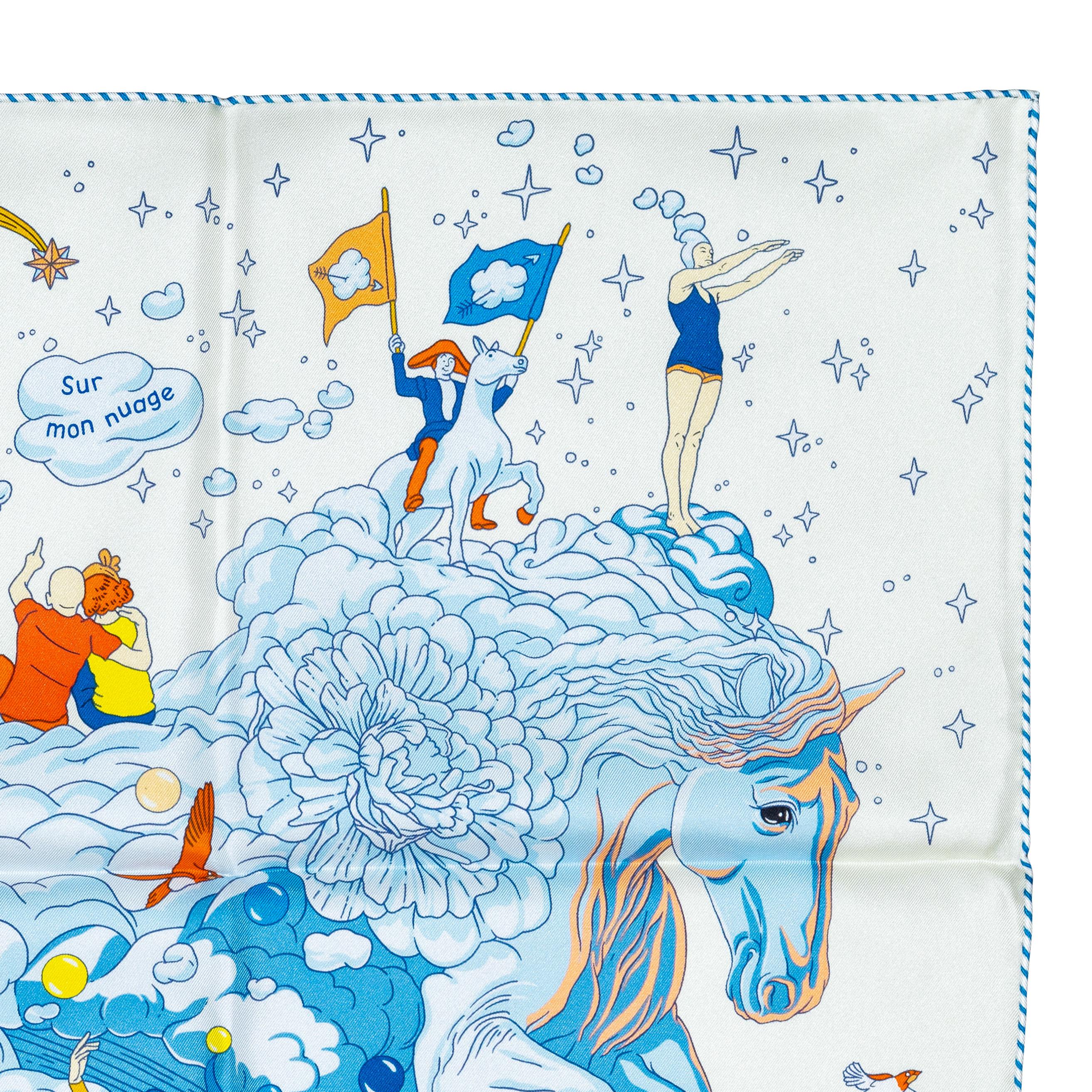 Auth. Hermès Scarf Sur Mon Nuage - Creme Bleu Clair Marine - NEw Store Tag For Sale 4