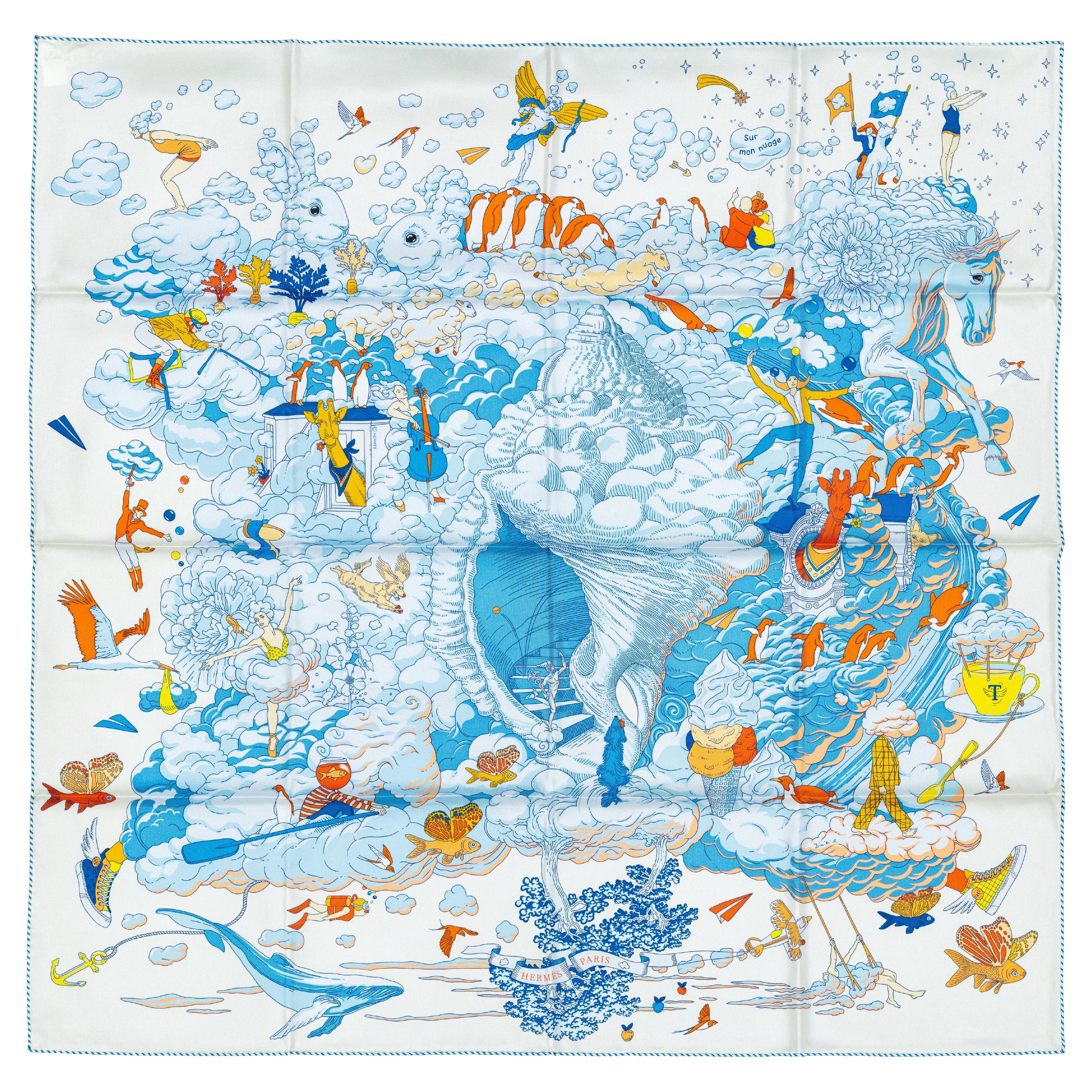Auth. Hermès Scarf Sur Mon Nuage - Creme Bleu Clair Marine - NEw Store Tag For Sale
