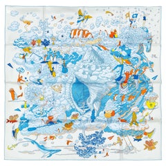 Aut. Hermès Bufanda Sur Mon Nuage - Creme Bleu Clair Marine - NEw Etiqueta de la tienda