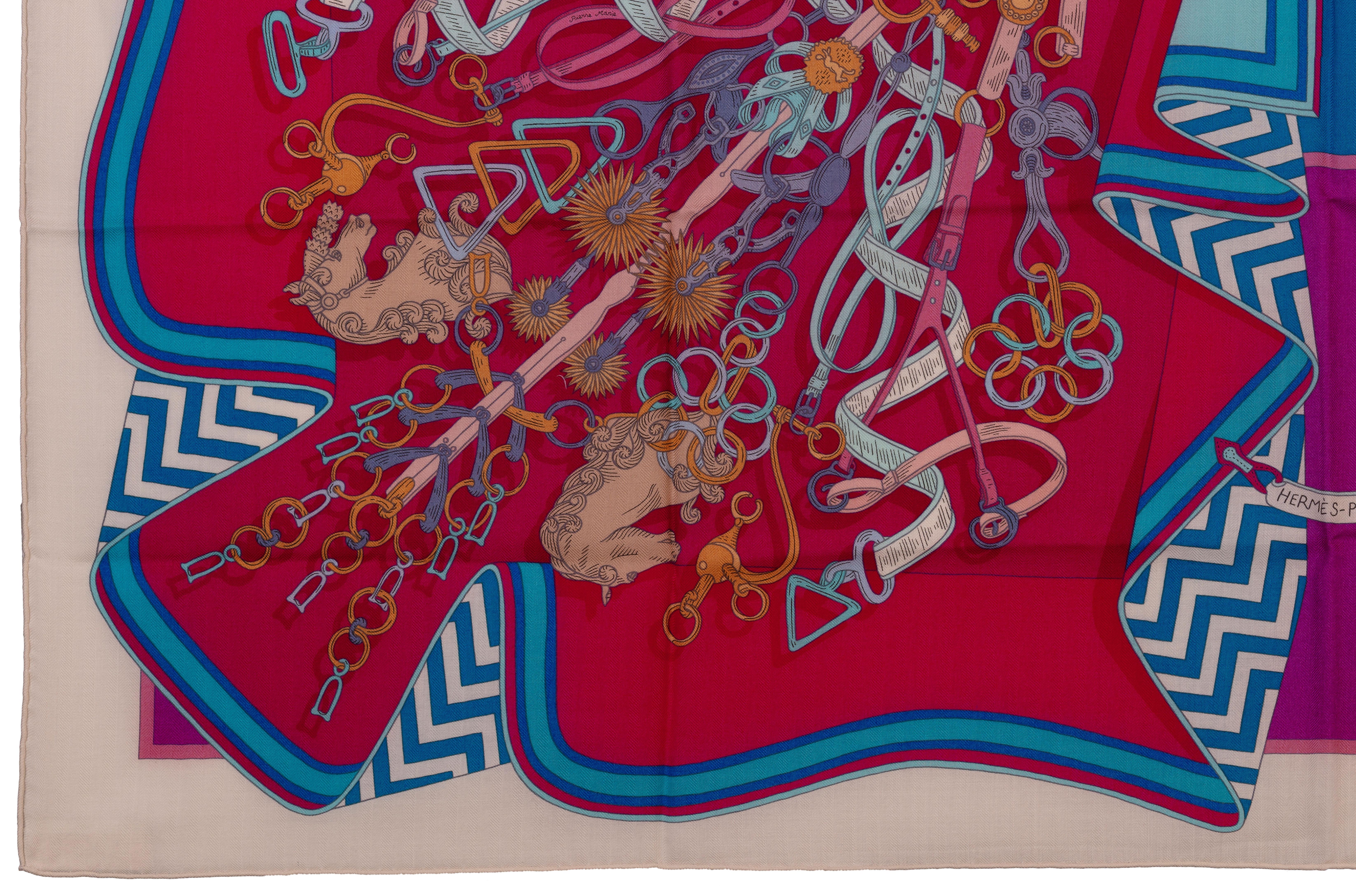 Auth. Hermes Shawl Bouquets Sellier CS140 Blanc Rose Indien Turquoise NEW /TAG 6