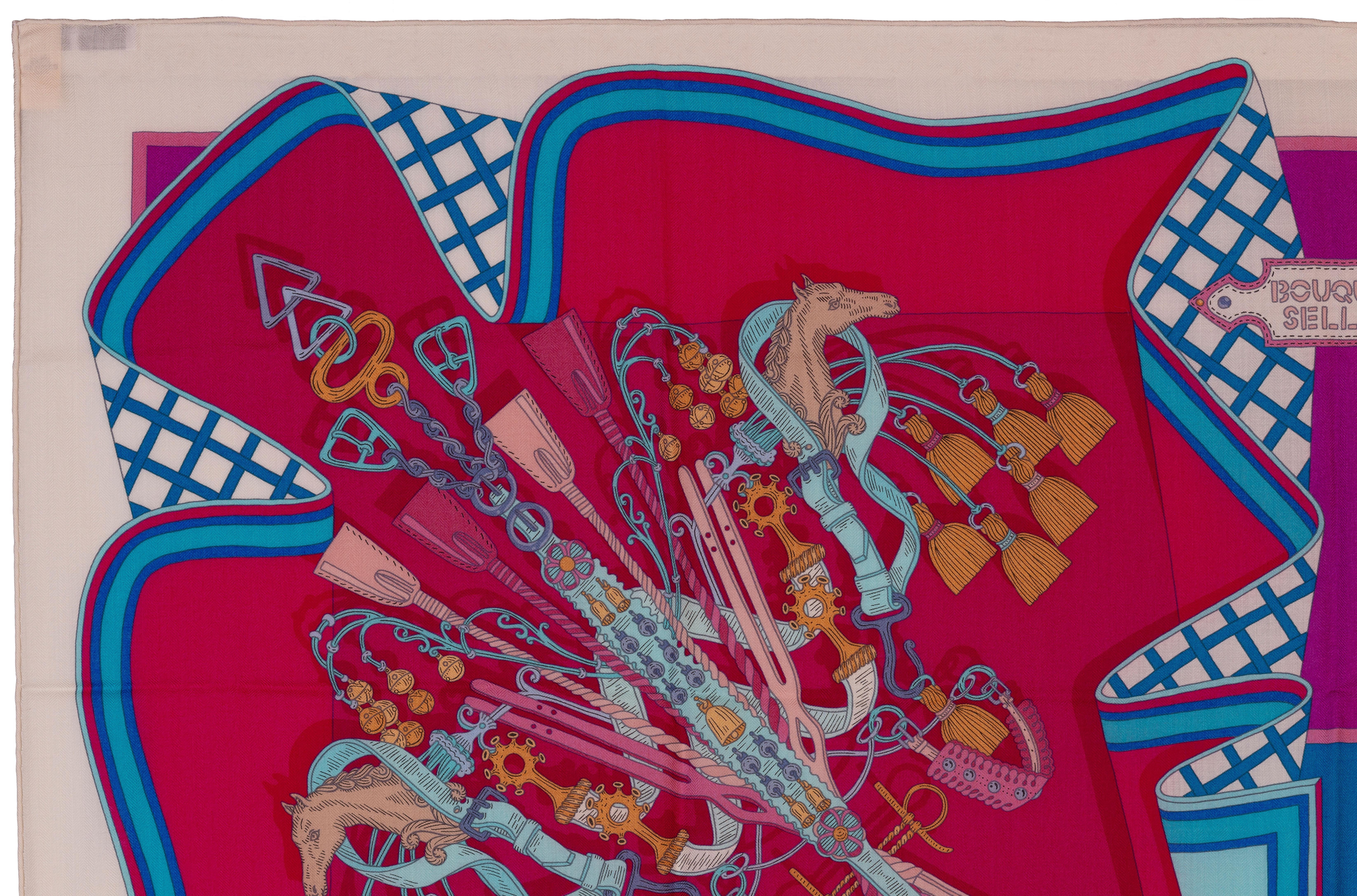 Auth. Hermes Shawl Bouquets Sellier CS140 Blanc Rose Indien Turquoise NEW /TAG 2