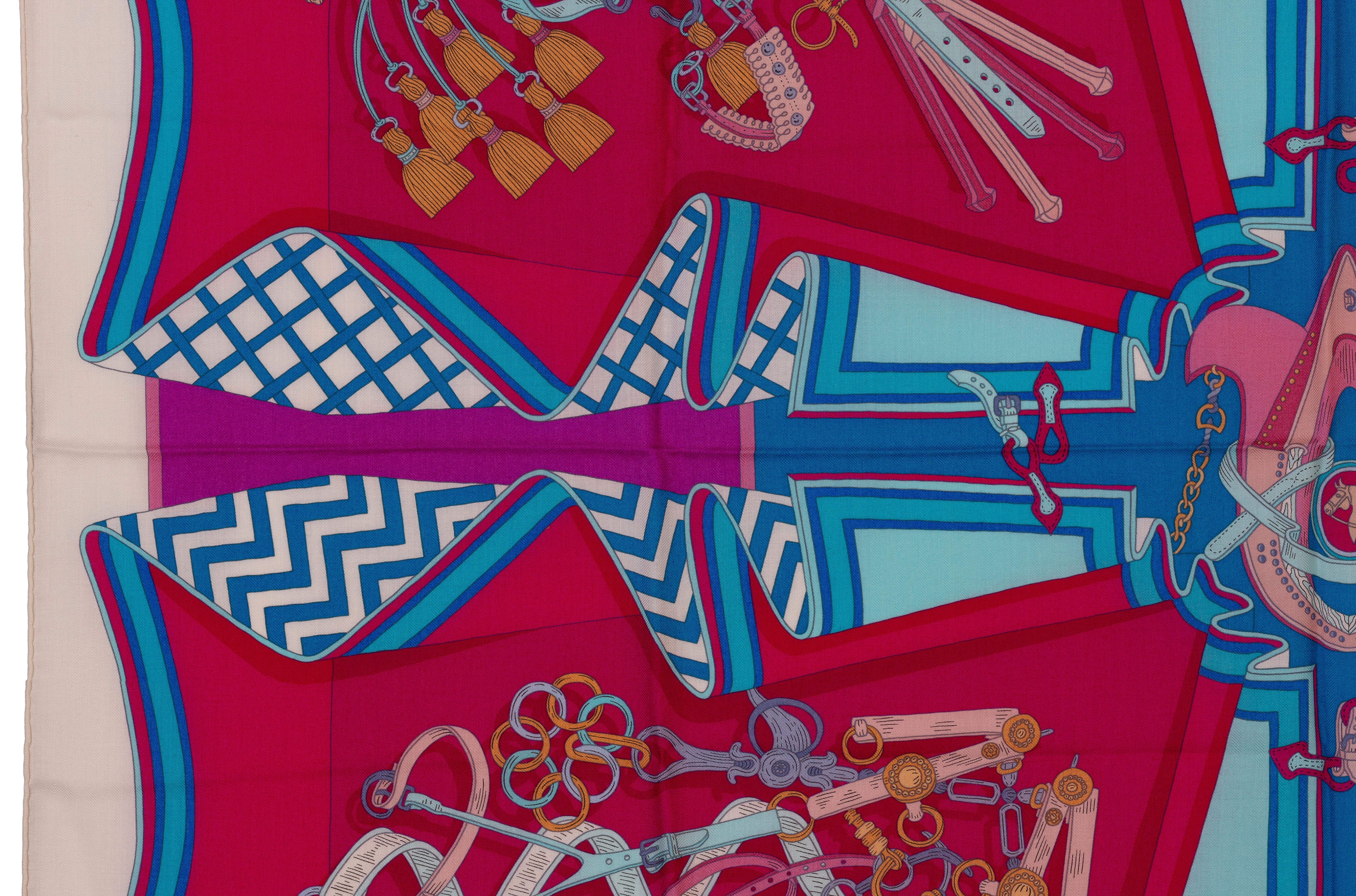 Auth. Hermes Shawl Bouquets Sellier CS140 Blanc Rose Indien Turquoise NEW /TAG 4