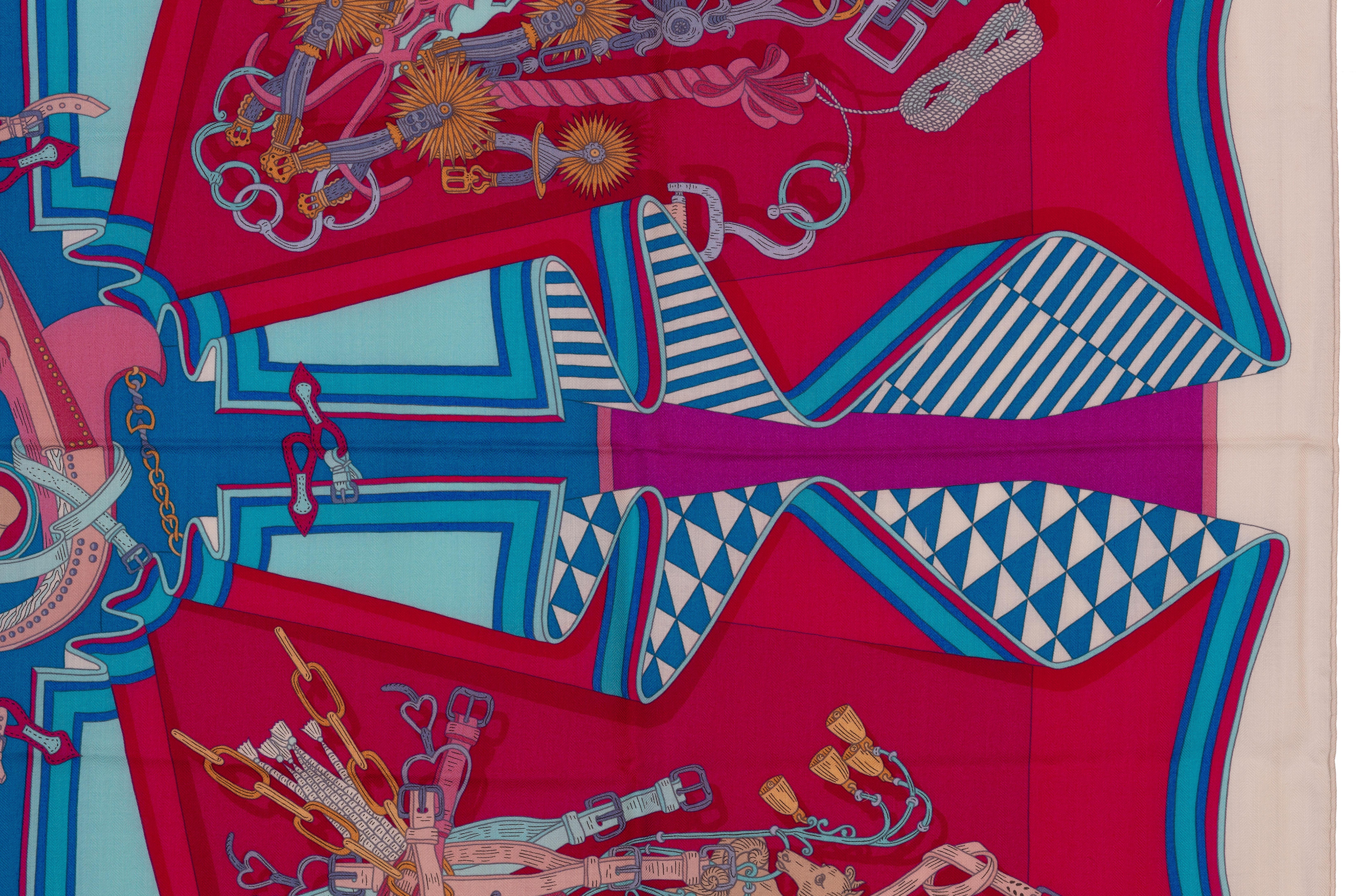 Auth. Hermes Shawl Bouquets Sellier CS140 Blanc Rose Indien Turquoise NEW /TAG 5
