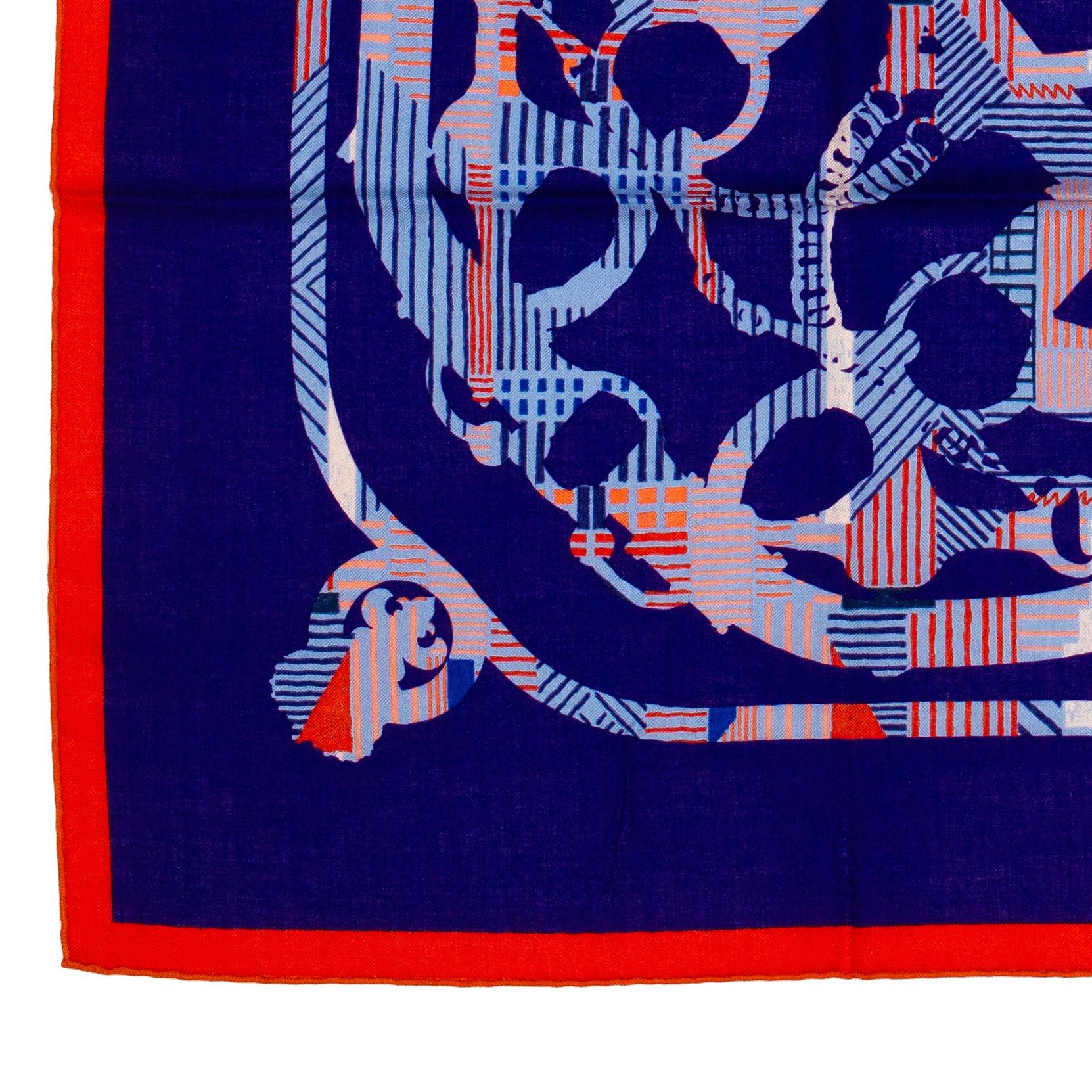 Auth. Hermès Shawl Cavalcadour - CS140 - Red MArine Blue - New 5