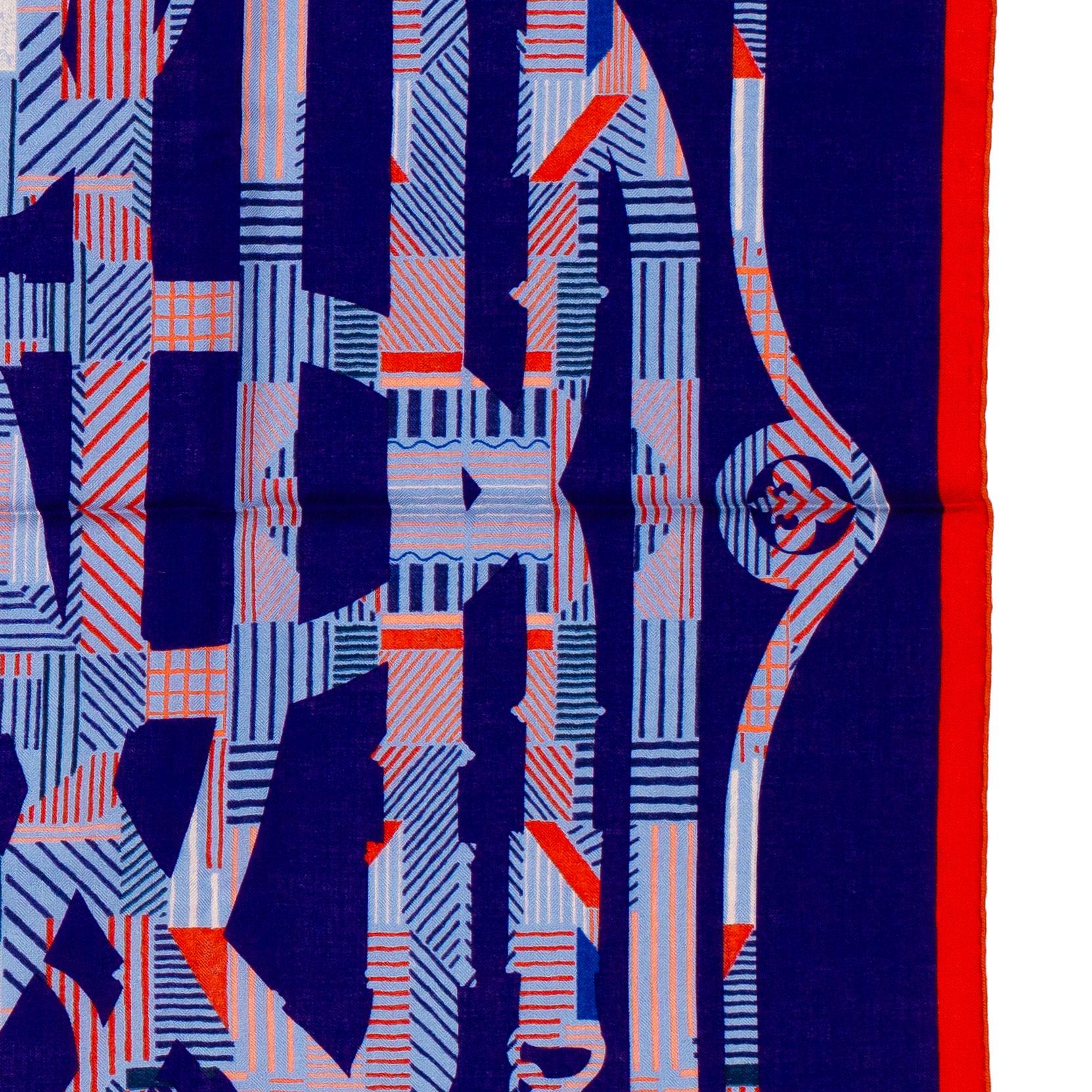 Auth. Hermès Shawl Cavalcadour - CS140 - Red MArine Blue - New 4