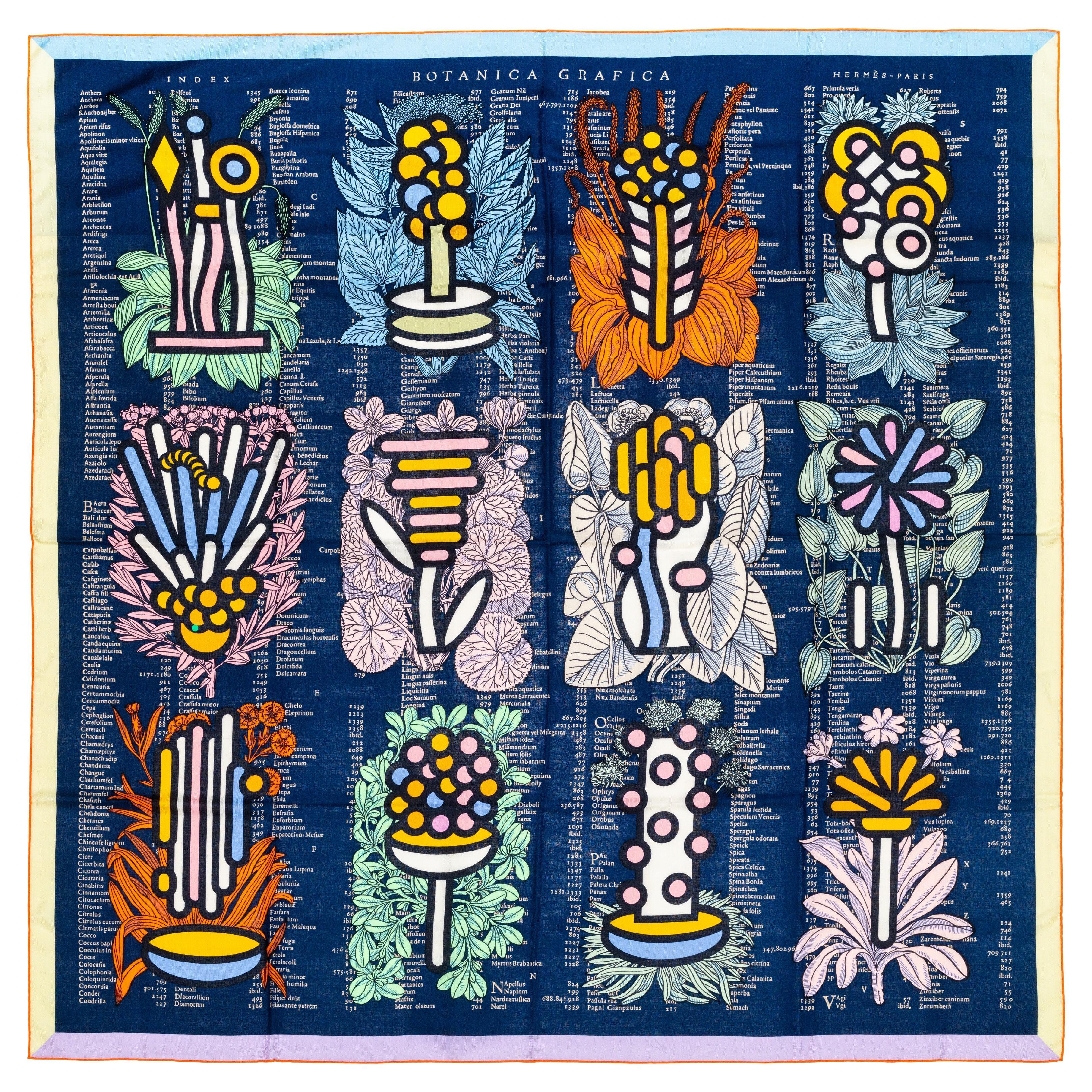 Autor. Hermes Schal CS140 Botanica Grafica Dunkelblau Orange - NEw WOCTS