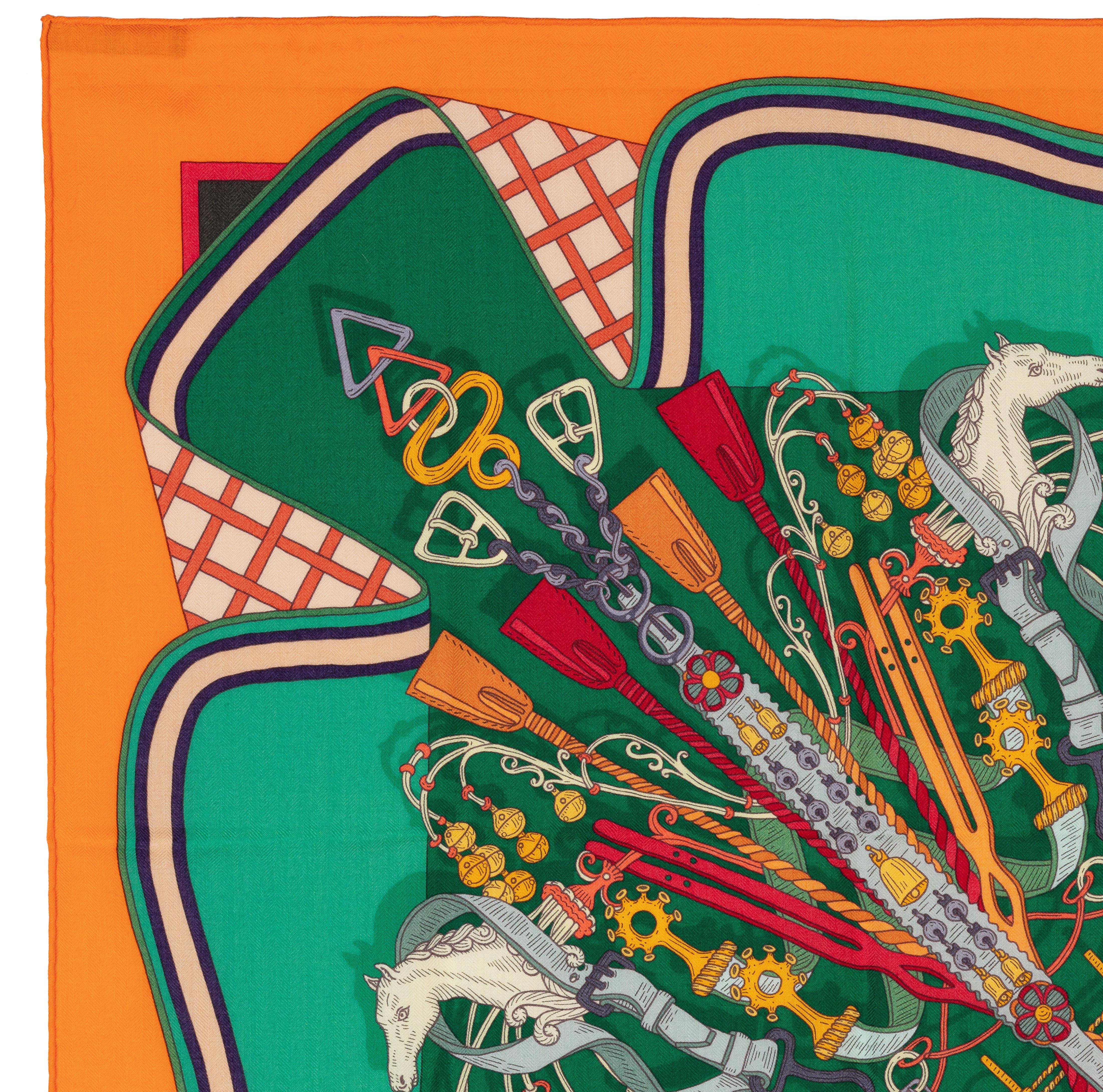 Blue Auth. Hermes Shawl CS140 Bouquets Sellier - CS140 - Orange Green NEW For Sale