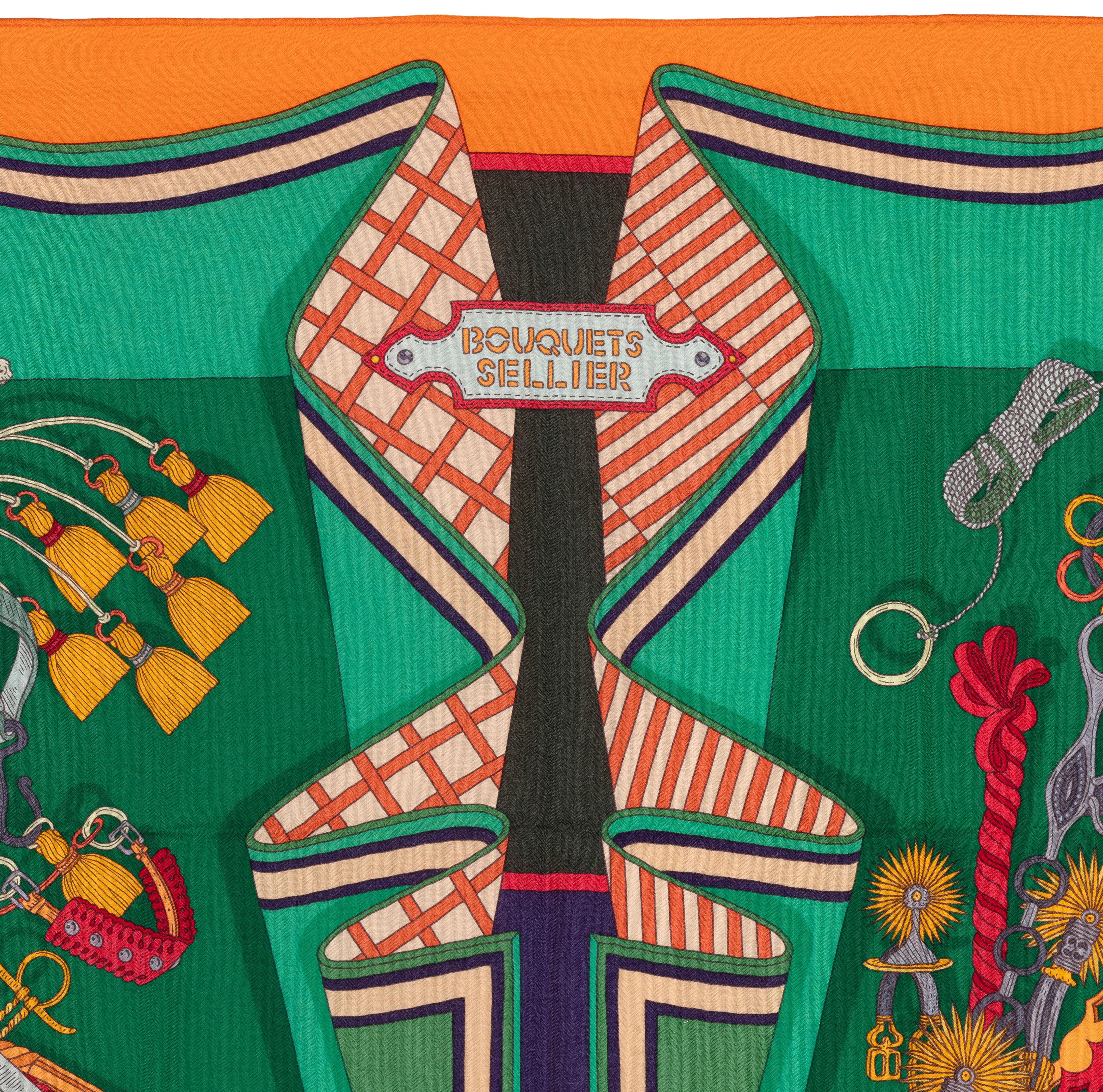 Auth. Hermes Shawl CS140 Bouquets Sellier - CS140 - Orange Green NEW In Excellent Condition For Sale In Ottawa, CA