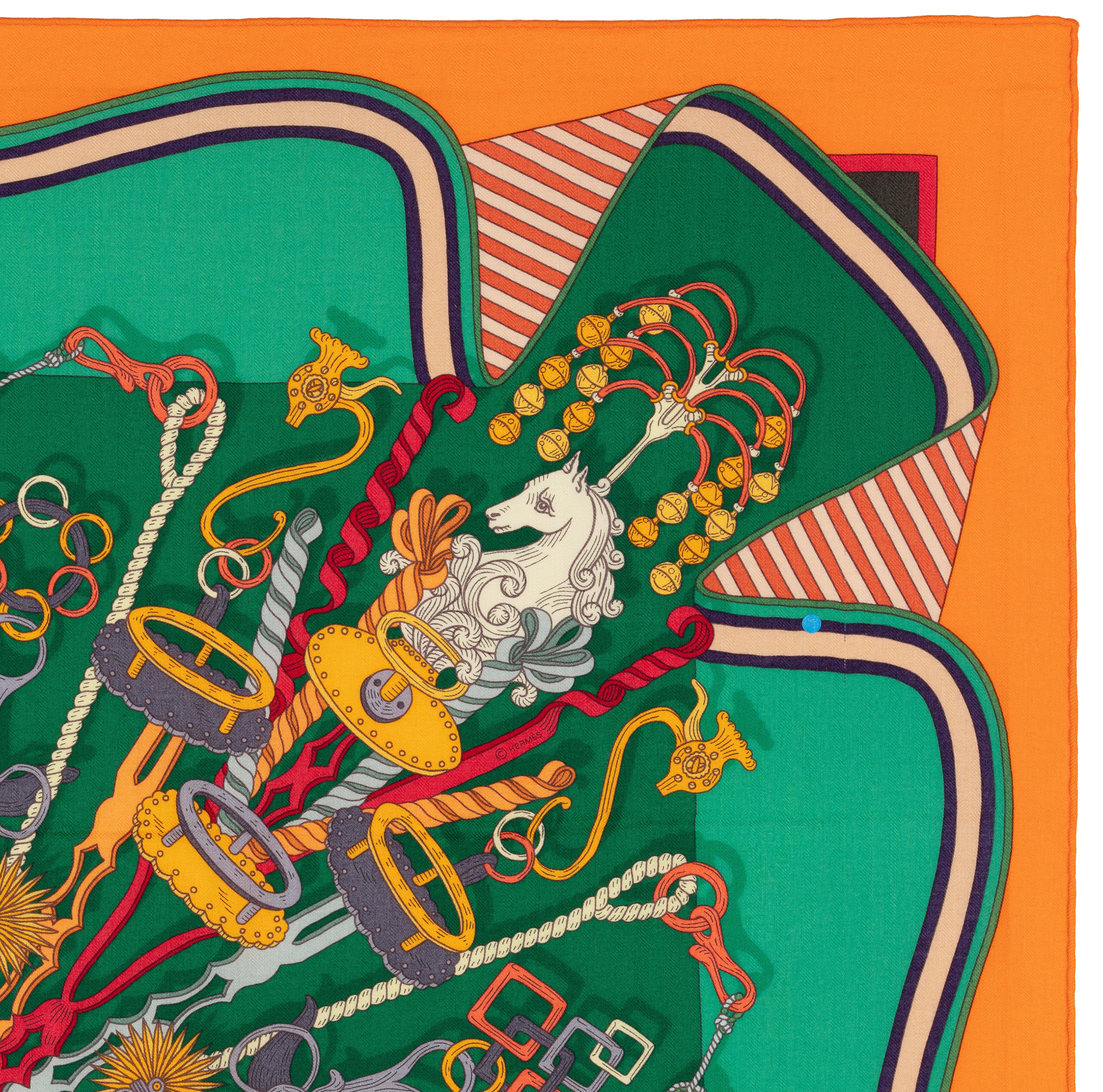 Women's Auth. Hermes Shawl CS140 Bouquets Sellier - CS140 - Orange Green NEW For Sale