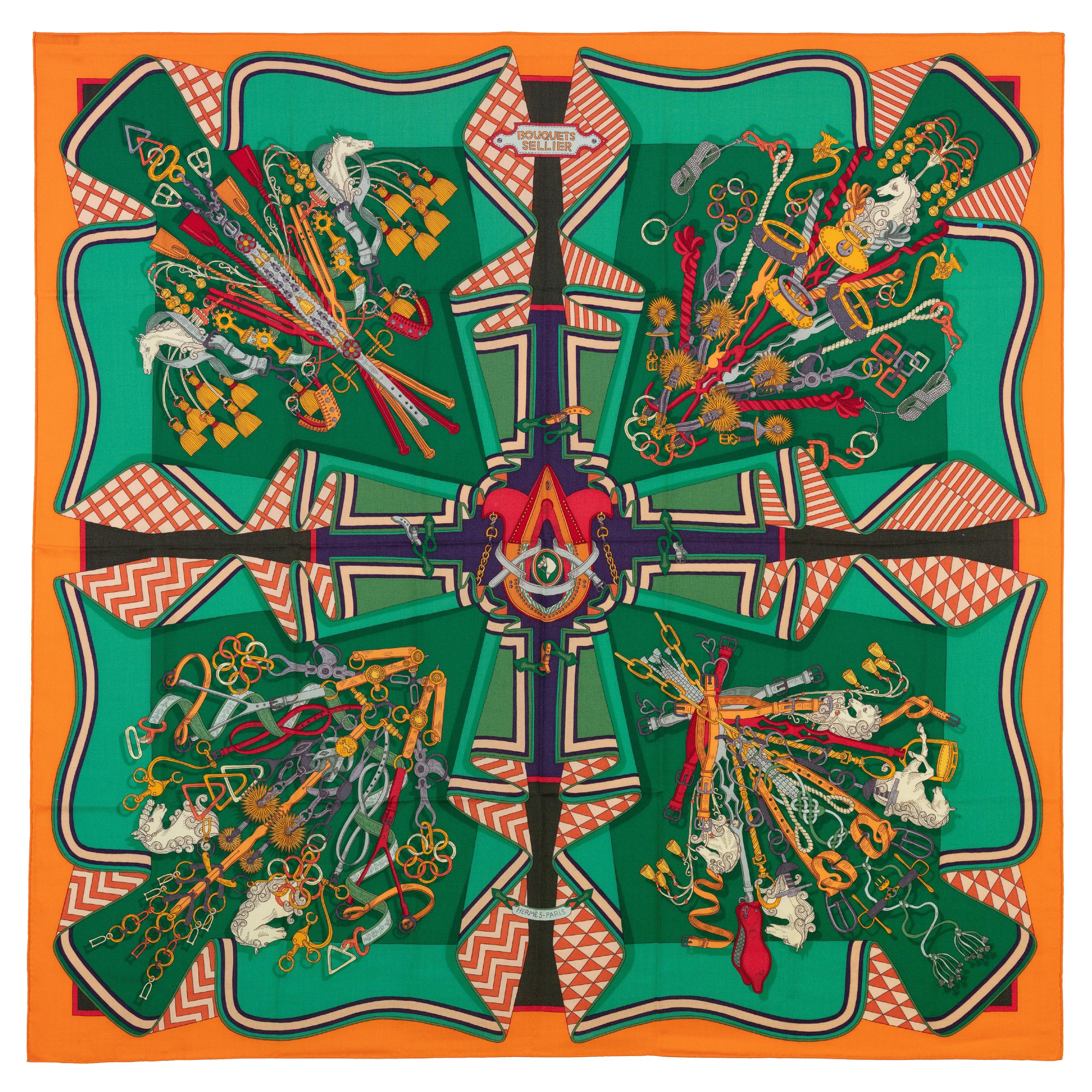 Auth. Hermes Shawl CS140 Bouquets Sellier - CS140 - Orange Green NEW For Sale
