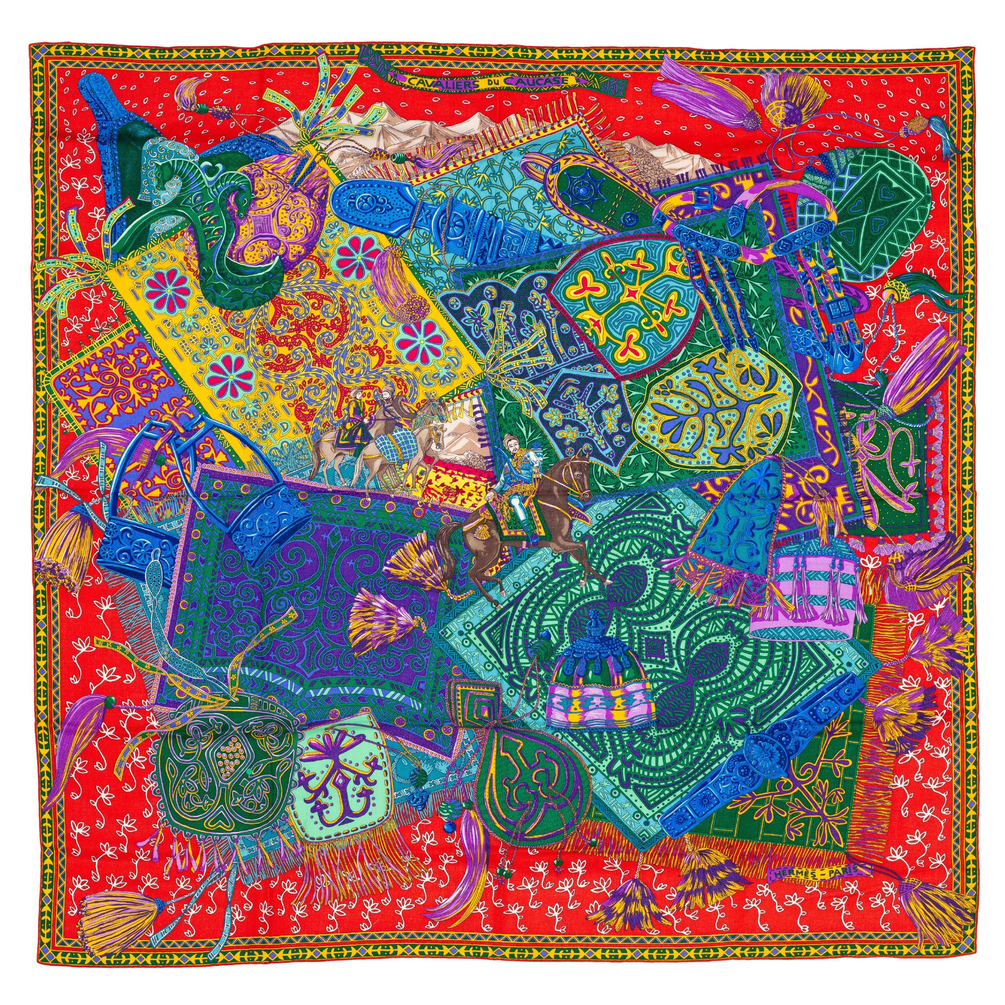 Auth. Hermes Shawl CS140 Cavaliers Du Caucase - CS140 Rouge Turquoise Jaune NEW