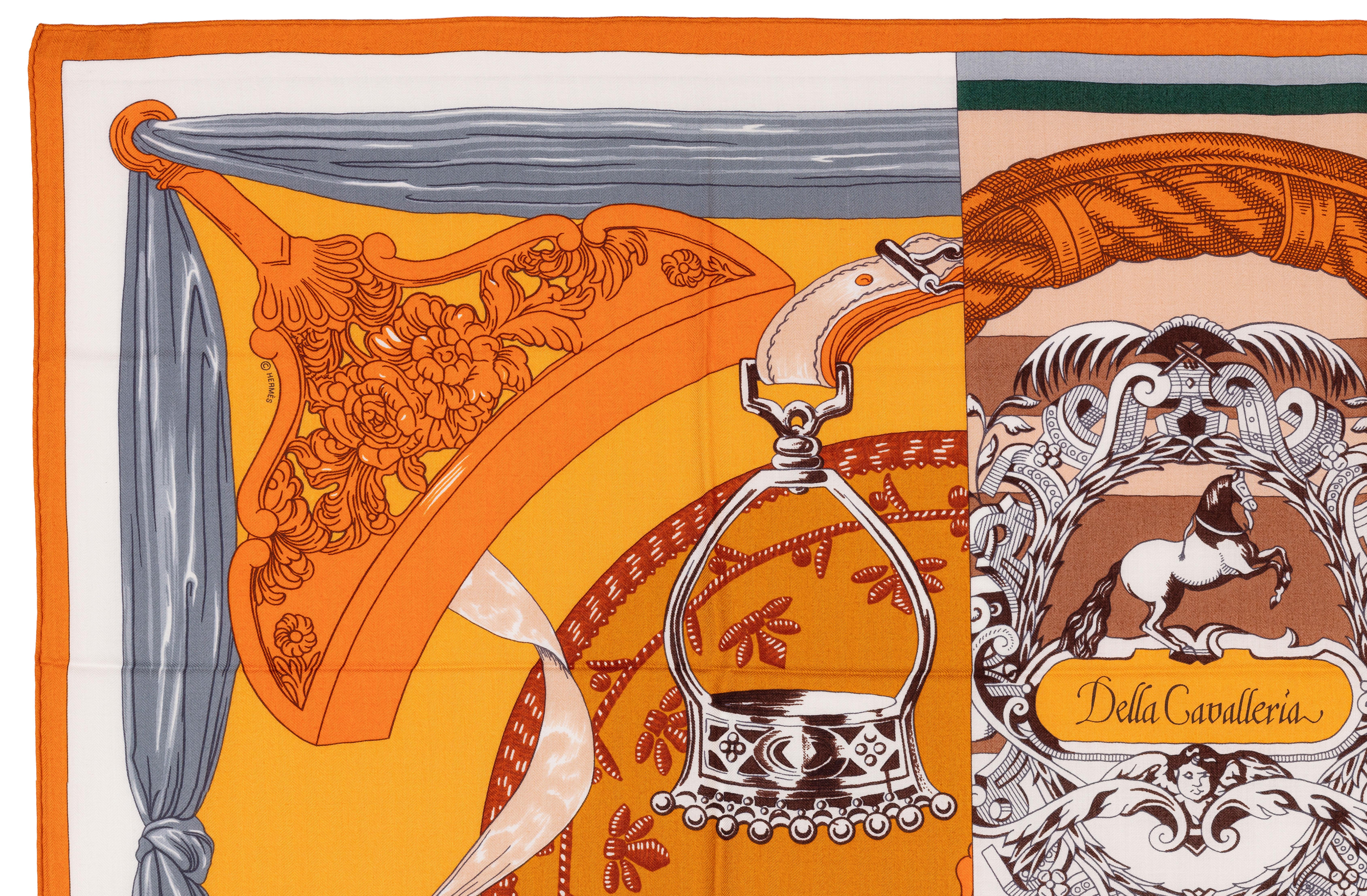Brown Auth. Hermes Shawl CS140 Della Cavalleria D Etriers - Caramel  White NEW RARE For Sale
