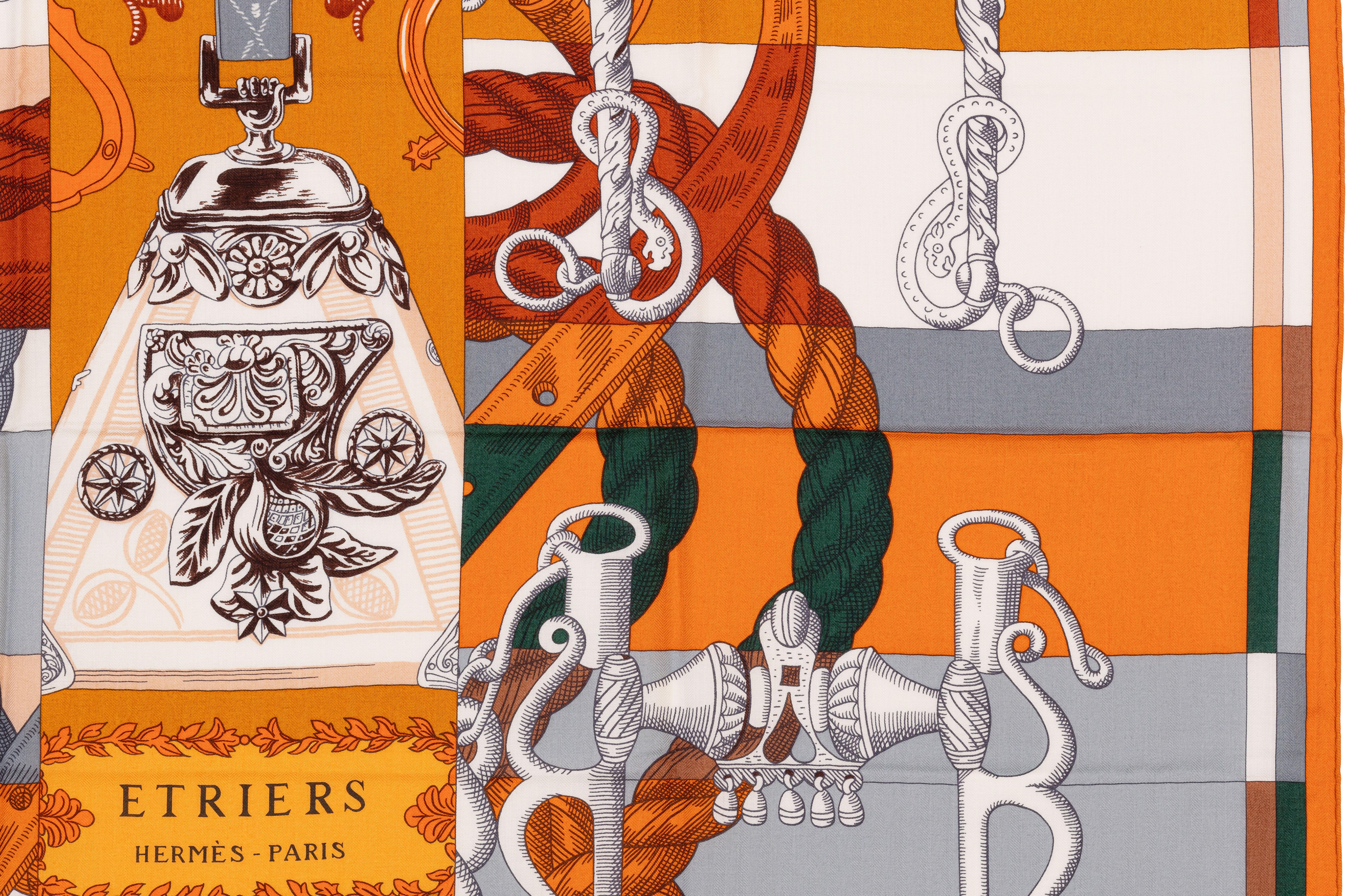 Auth. Hermes Shawl CS140 Della Cavalleria D Etriers - Caramel  White NEW RARE For Sale 2